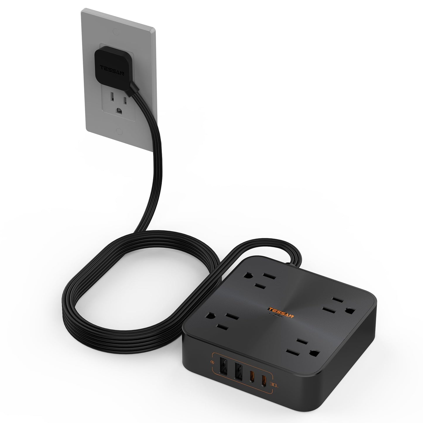 Flat Plug Extension Cord Indoor 5 Feet, Power Bars with Surge Protector, TESSAN Power Strip with 4 Multiple Outlets 3 USB Ports (1 USB C), Surge Protection for Dorm Room Home Office, Gray