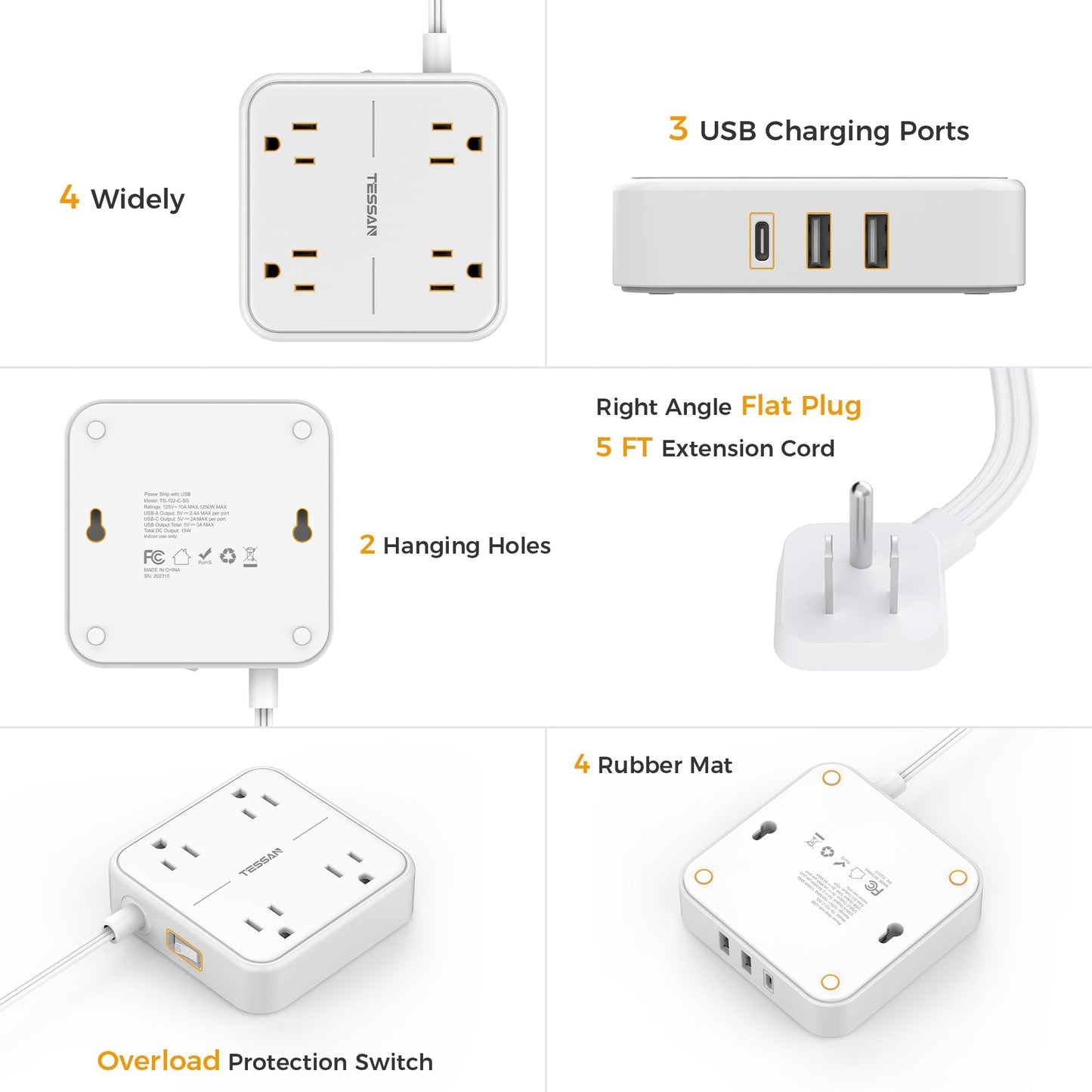 Flat Plug Extension Cord Indoor 5 Feet, Power Bars with Surge Protector, TESSAN Power Strip with 4 Multiple Outlets 3 USB Ports (1 USB C), Surge Protection for Dorm Room Home Office, Gray