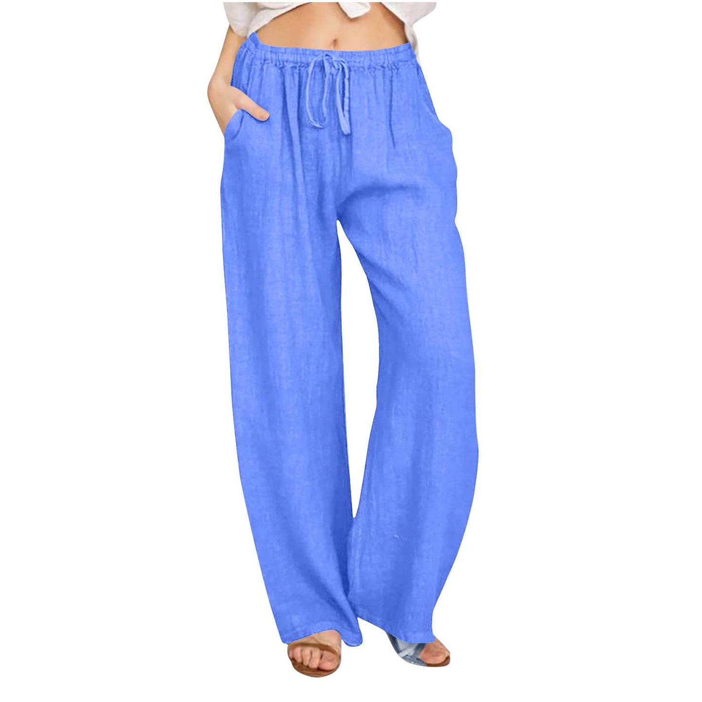 Womens Linen Pants Wide Leg Trendy Casual Pants Elastic High Waist Drawstring Loose Fit Palazzo Trousers with Pockets