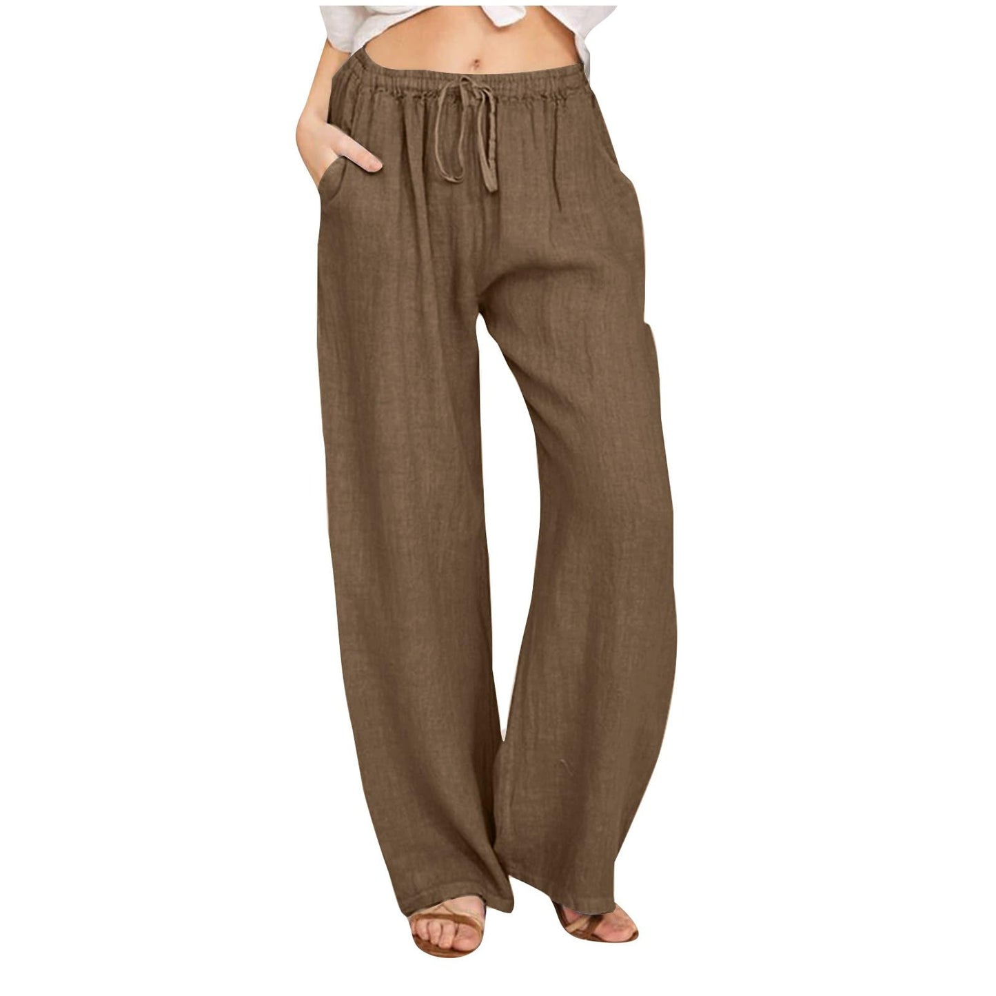 Womens Linen Pants Wide Leg Trendy Casual Pants Elastic High Waist Drawstring Loose Fit Palazzo Trousers with Pockets