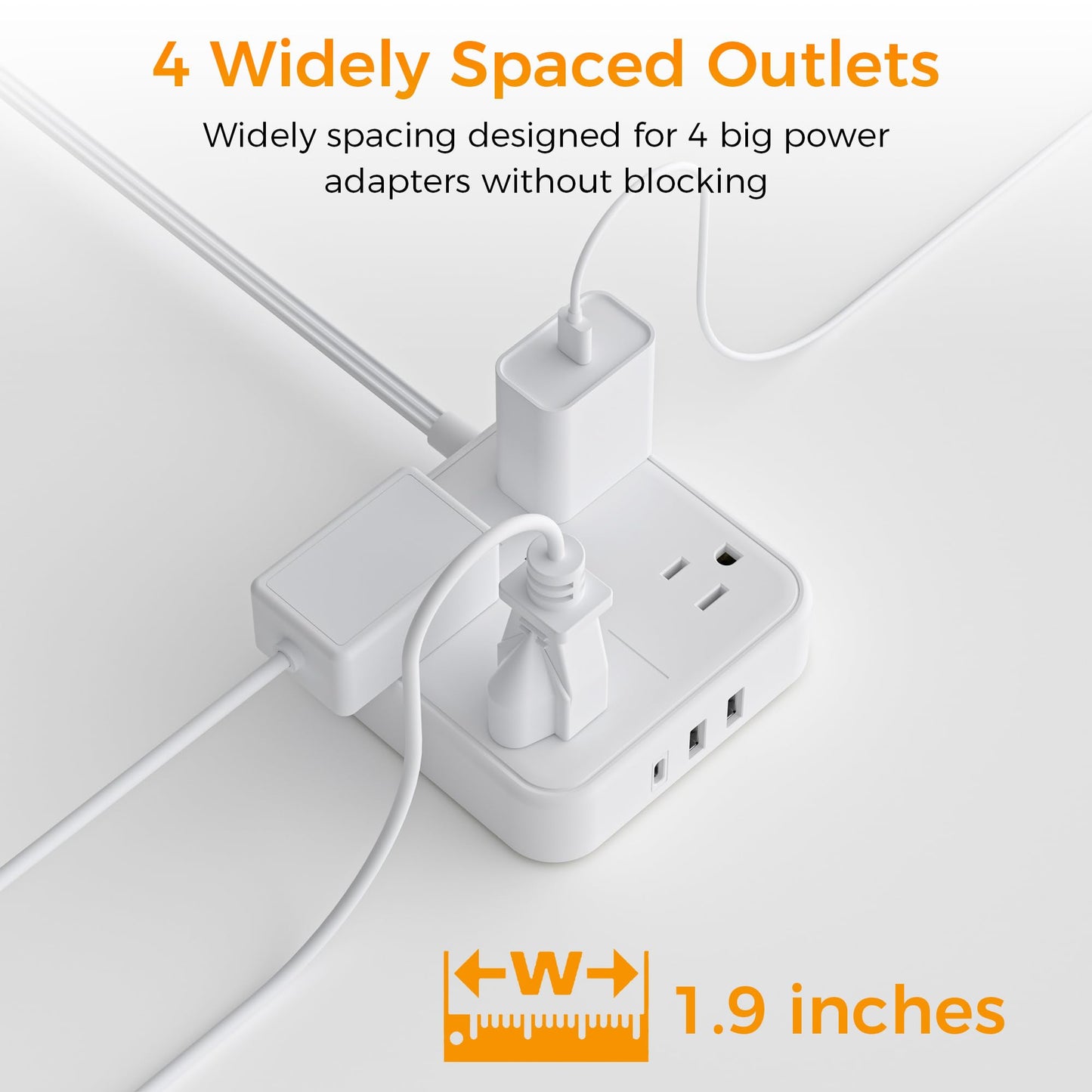 Flat Plug Extension Cord Indoor 5 Feet, Power Bars with Surge Protector, TESSAN Power Strip with 4 Multiple Outlets 3 USB Ports (1 USB C), Surge Protection for Dorm Room Home Office, Gray