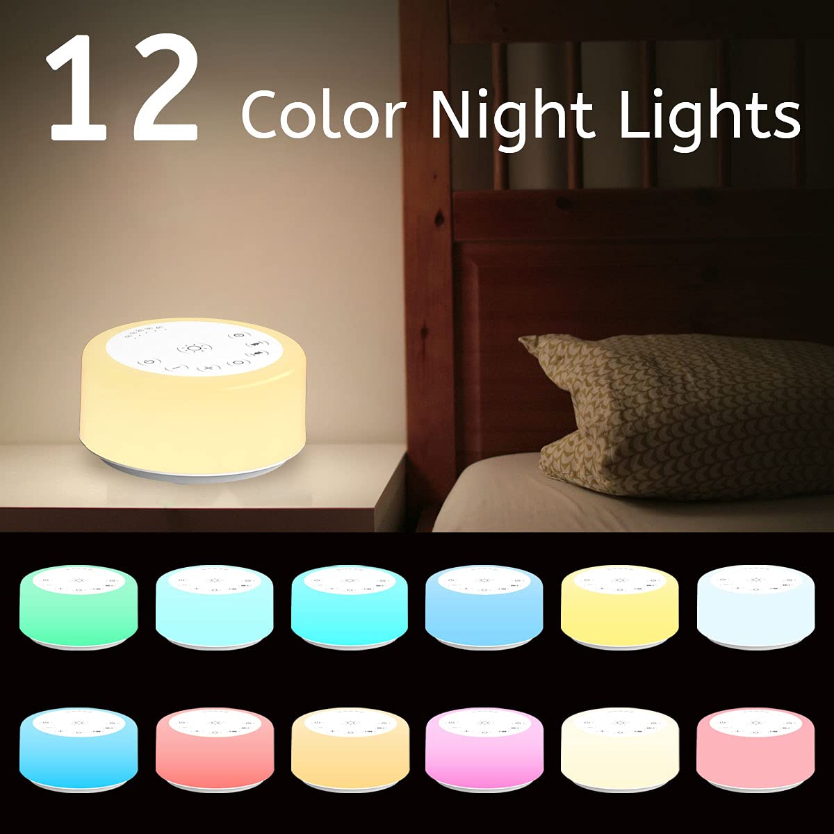 Sound Machines White Noise Machine 12 Colors Night Lights with 30 Soothing Sounds Sleep Machine with 5 Timers Portable for Home Travel and Office-Black