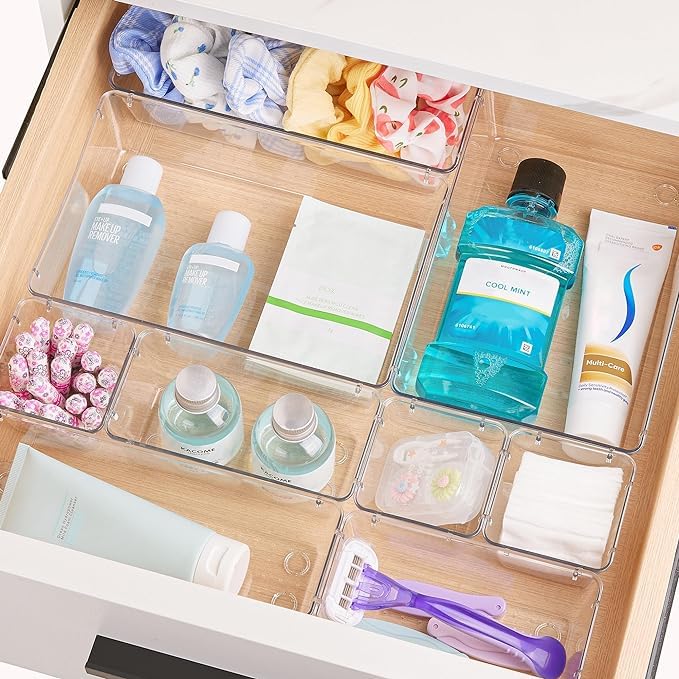 Vtopmart 25 PCS Plastic Clear Drawer Organizer, Acrylic Desk Drawer organizers, Organization and Storage for Makeup, Bathroom, Office, kitchen, Bedroom