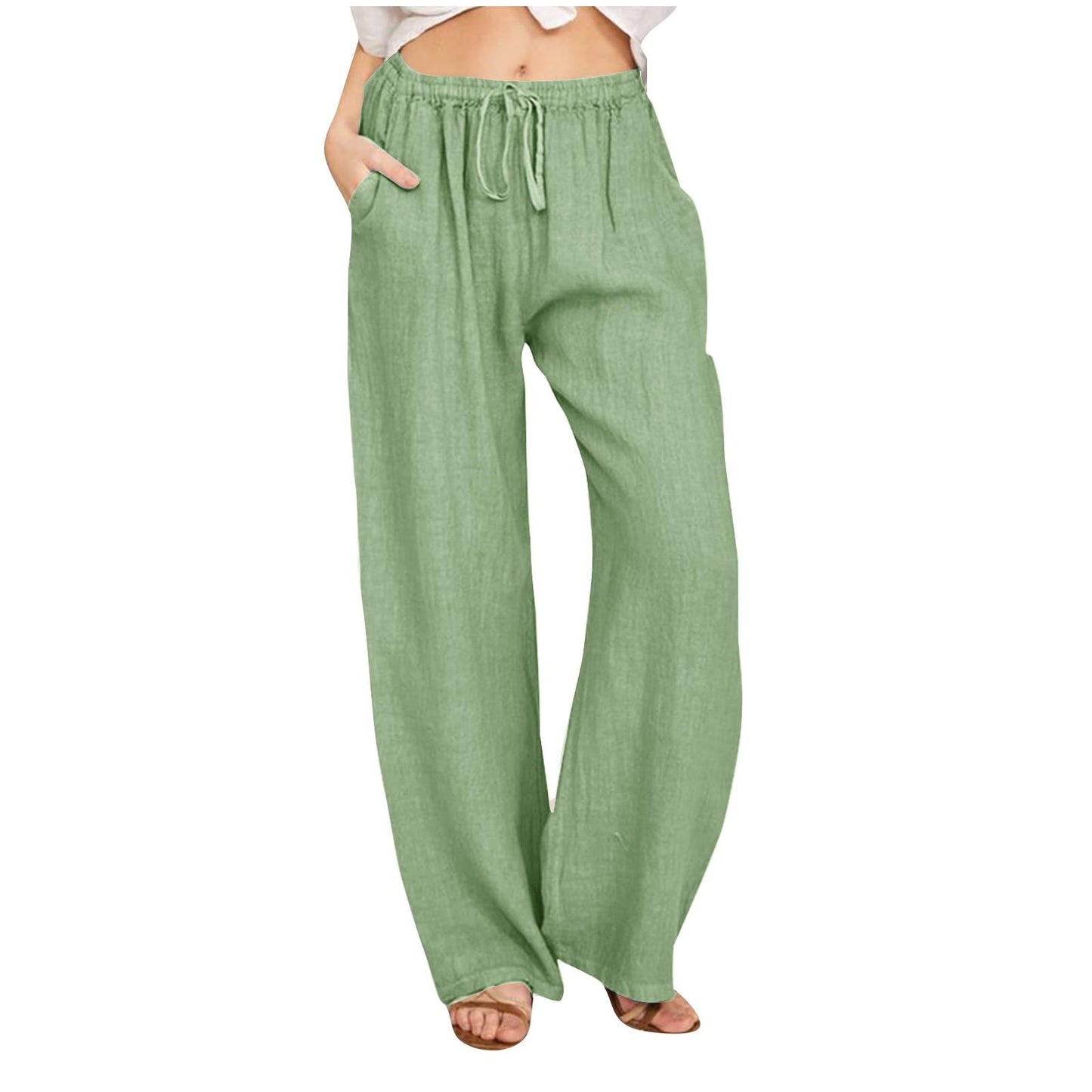 Womens Linen Pants Wide Leg Trendy Casual Pants Elastic High Waist Drawstring Loose Fit Palazzo Trousers with Pockets