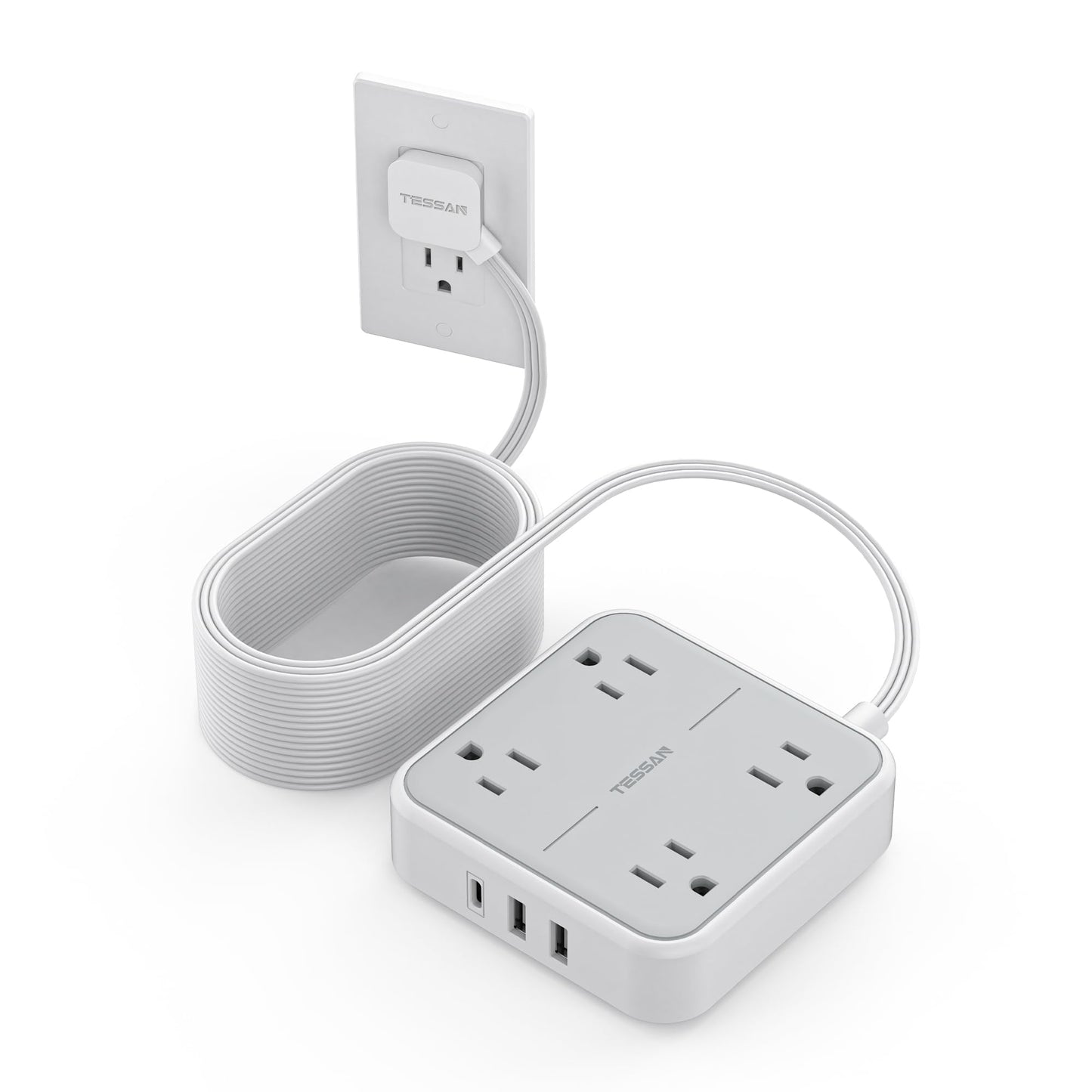 Flat Plug Extension Cord Indoor 5 Feet, Power Bars with Surge Protector, TESSAN Power Strip with 4 Multiple Outlets 3 USB Ports (1 USB C), Surge Protection for Dorm Room Home Office, Gray