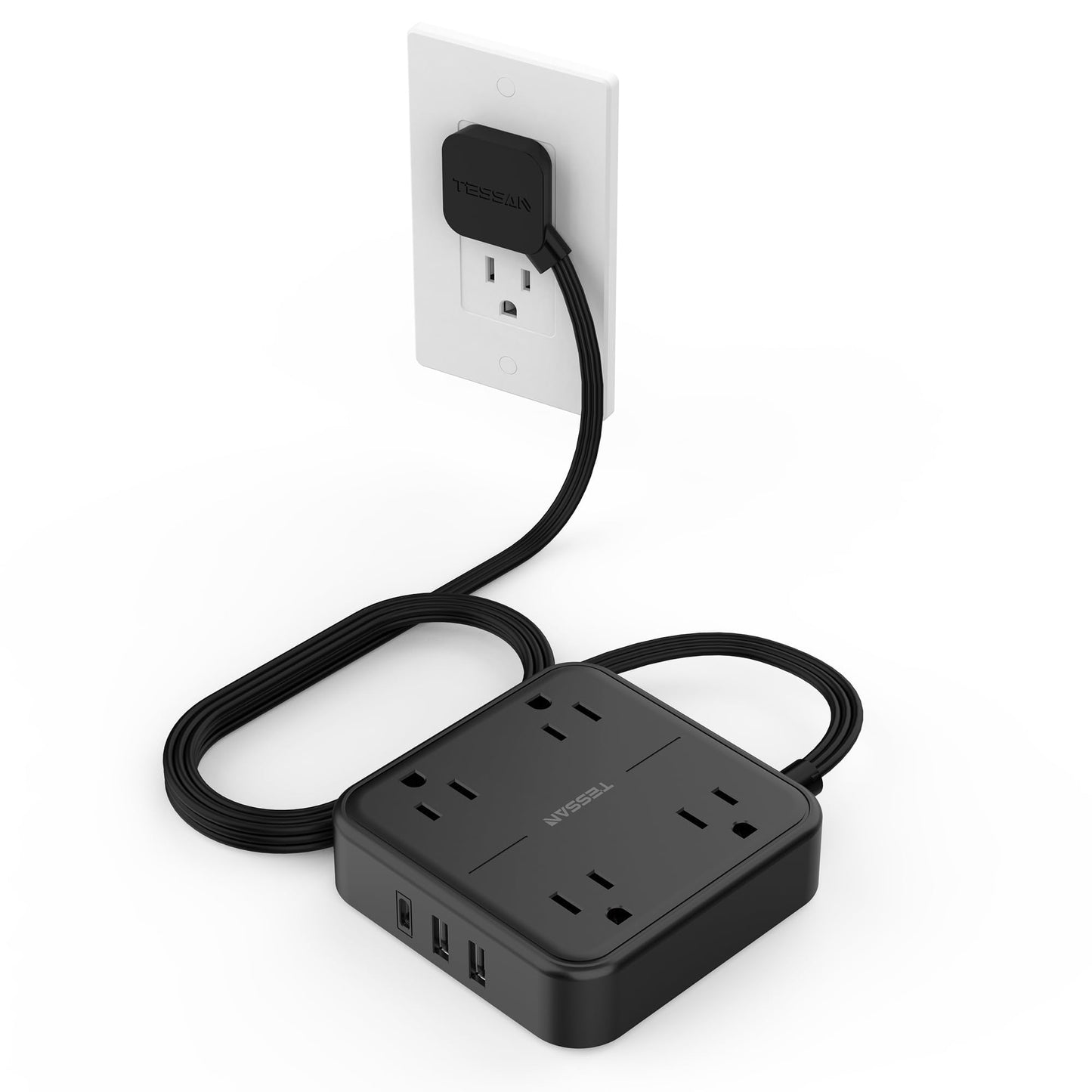 Flat Plug Extension Cord Indoor 5 Feet, Power Bars with Surge Protector, TESSAN Power Strip with 4 Multiple Outlets 3 USB Ports (1 USB C), Surge Protection for Dorm Room Home Office, Gray