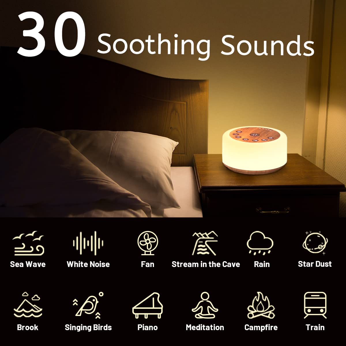 Sound Machines White Noise Machine 12 Colors Night Lights with 30 Soothing Sounds Sleep Machine with 5 Timers Portable for Home Travel and Office-Black