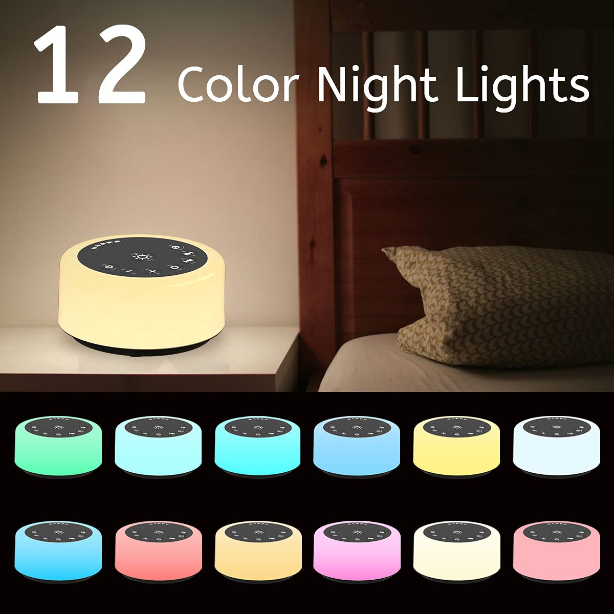 Sound Machines White Noise Machine 12 Colors Night Lights with 30 Soothing Sounds Sleep Machine with 5 Timers Portable for Home Travel and Office-Black