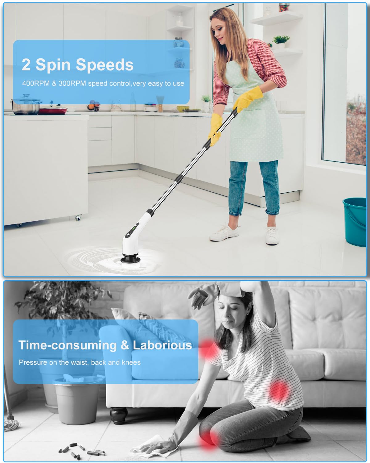 Leebein Electric Spin Scrubber, Cordless Cleaning Brush with 8 Replaceable Brush Heads, Tub and Floor Tile Power Scrubber Dual Speed with Adjustable & Detachable Handle for Bathroom Cleaning