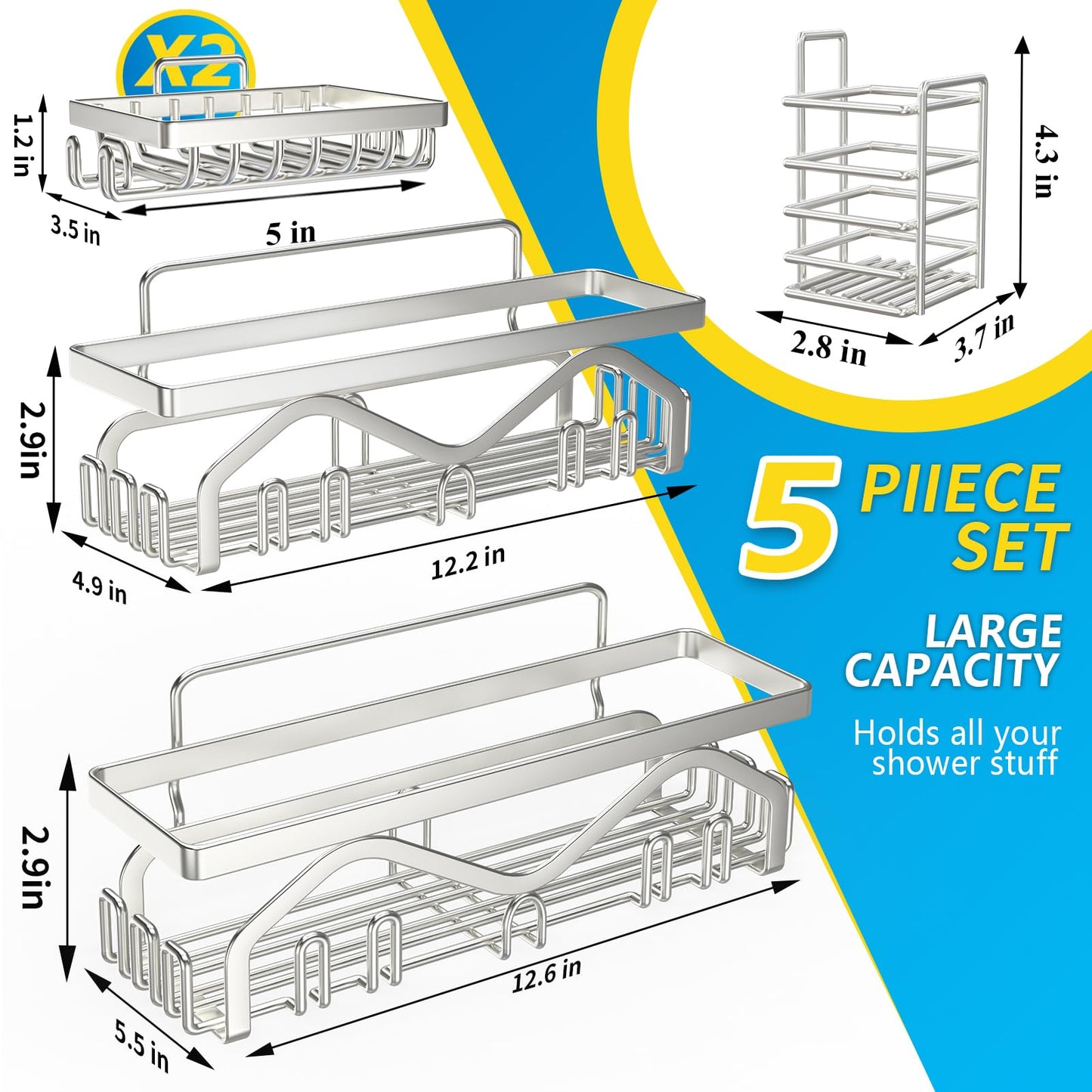 Coraje Adhesive Shower Caddy, 5-Pack Shower Shelves, Large Capacity Load Bearing 40 LBS Shower Organizer, No Drilling Shower Shelf, Rustproof Stainless Steel Bathroom Shower Storage, Black
