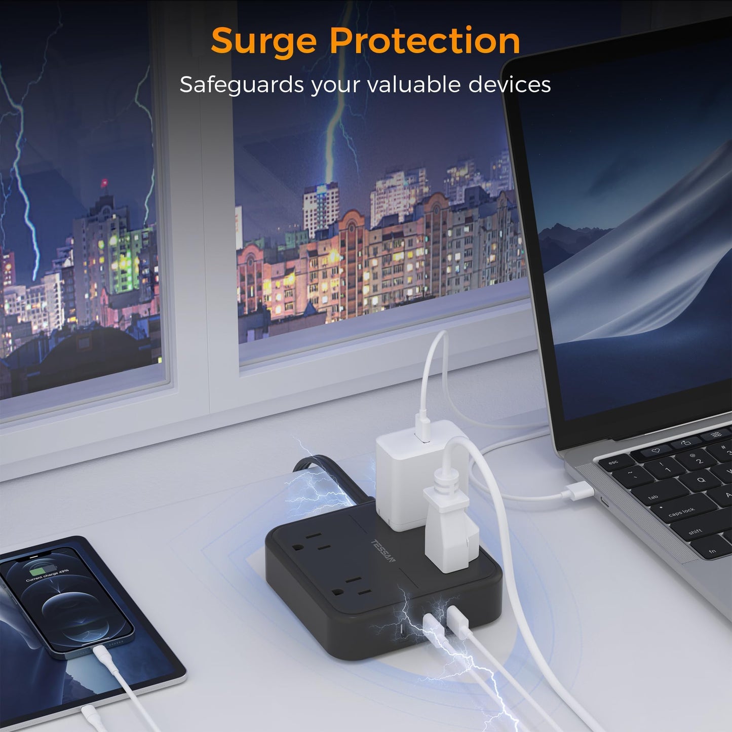 Flat Plug Extension Cord Indoor 5 Feet, Power Bars with Surge Protector, TESSAN Power Strip with 4 Multiple Outlets 3 USB Ports (1 USB C), Surge Protection for Dorm Room Home Office, Gray