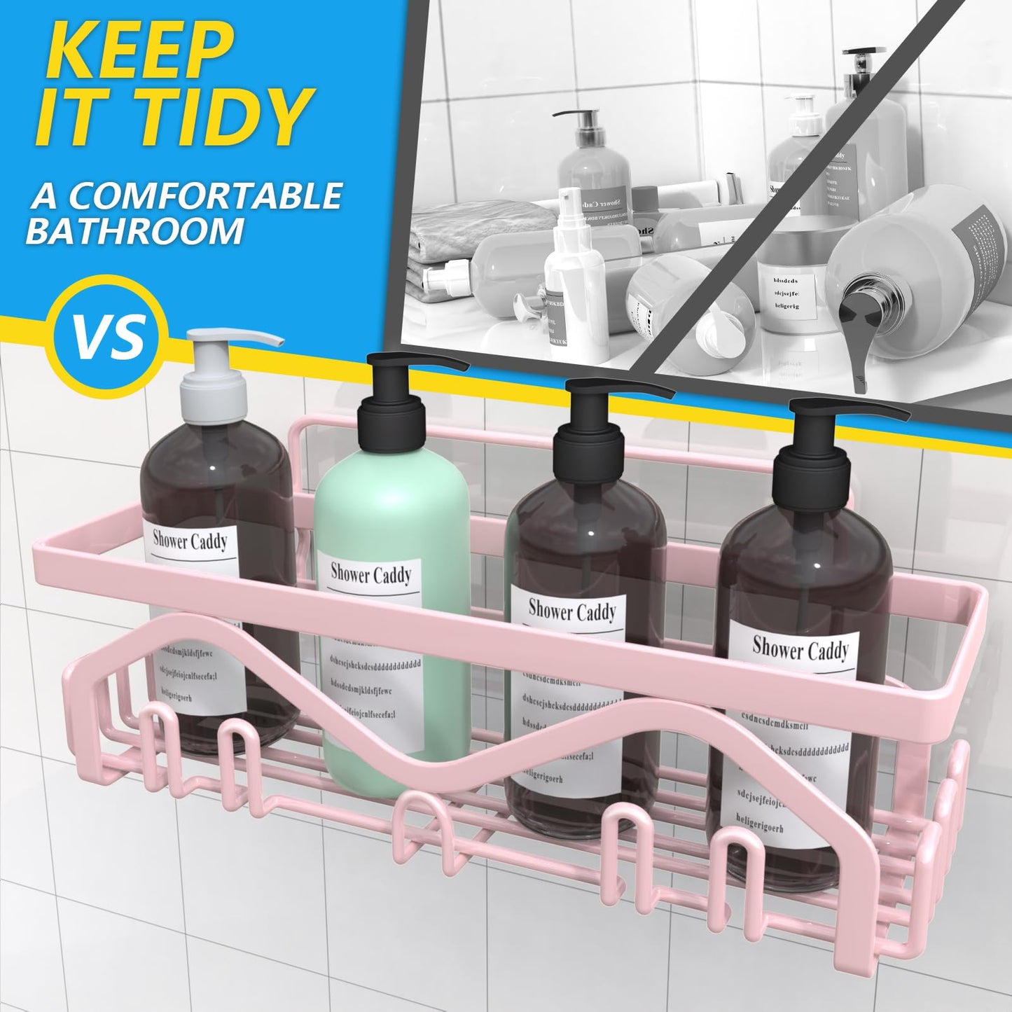 Coraje Adhesive Shower Caddy, 5-Pack Shower Shelves, Large Capacity Load Bearing 40 LBS Shower Organizer, No Drilling Shower Shelf, Rustproof Stainless Steel Bathroom Shower Storage, Black