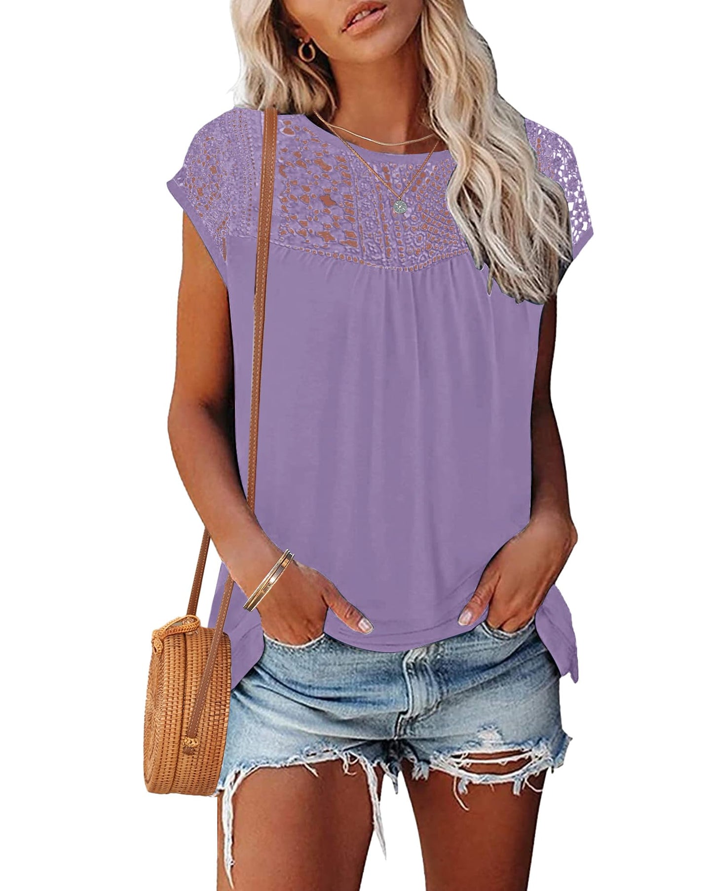 WNEEDU Women's Summer T Shirts Casual Crew Neck Lace Trim Ladies Tops 2025 New