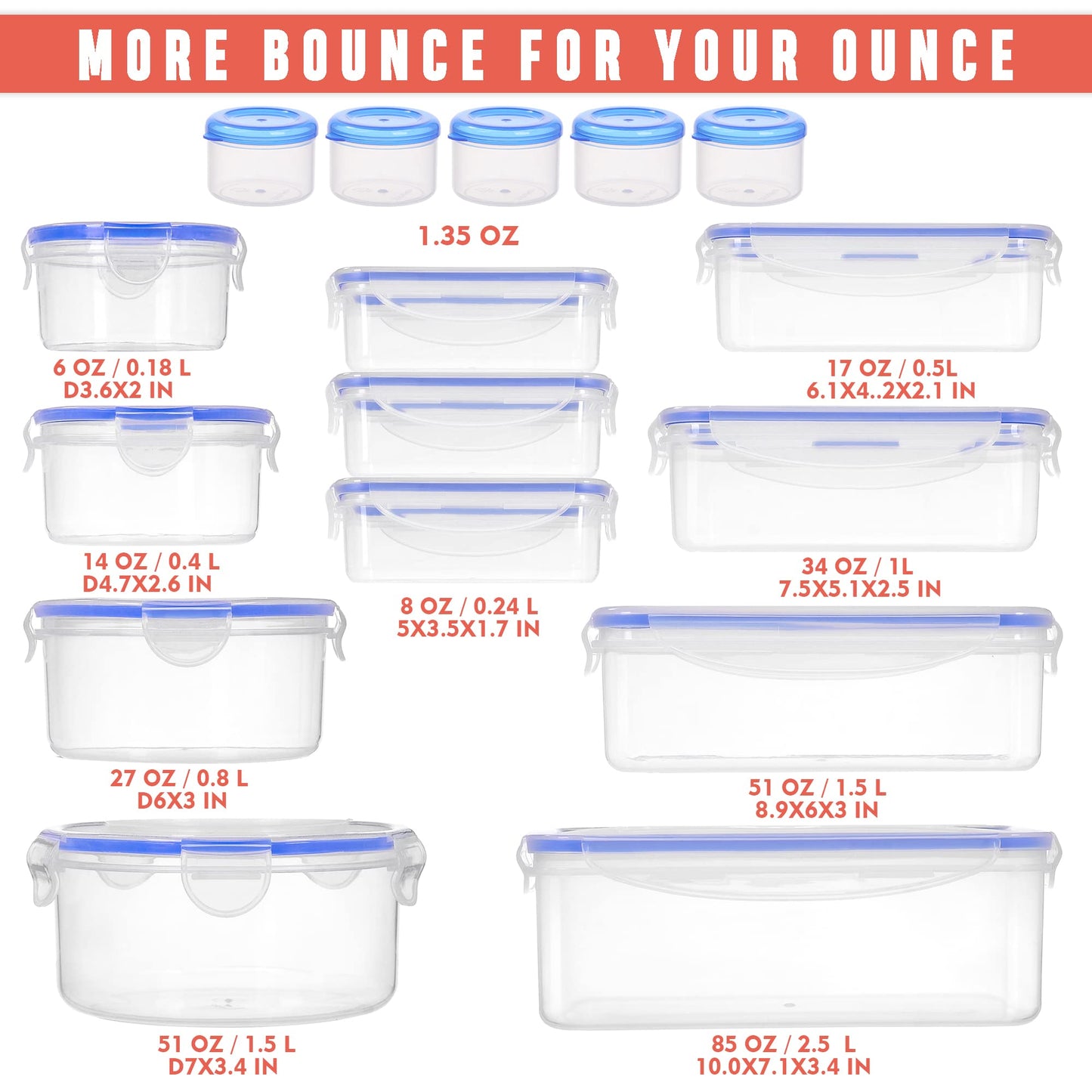 50 Pcs Large Food Storage Containers with Lids Airtight-85 oz to Sauces Box-Total 526Oz Stackable Kitchen Bowls Set Meal Prep Containers-BPA Free Leak proof Plastic Freezer Microwave safe