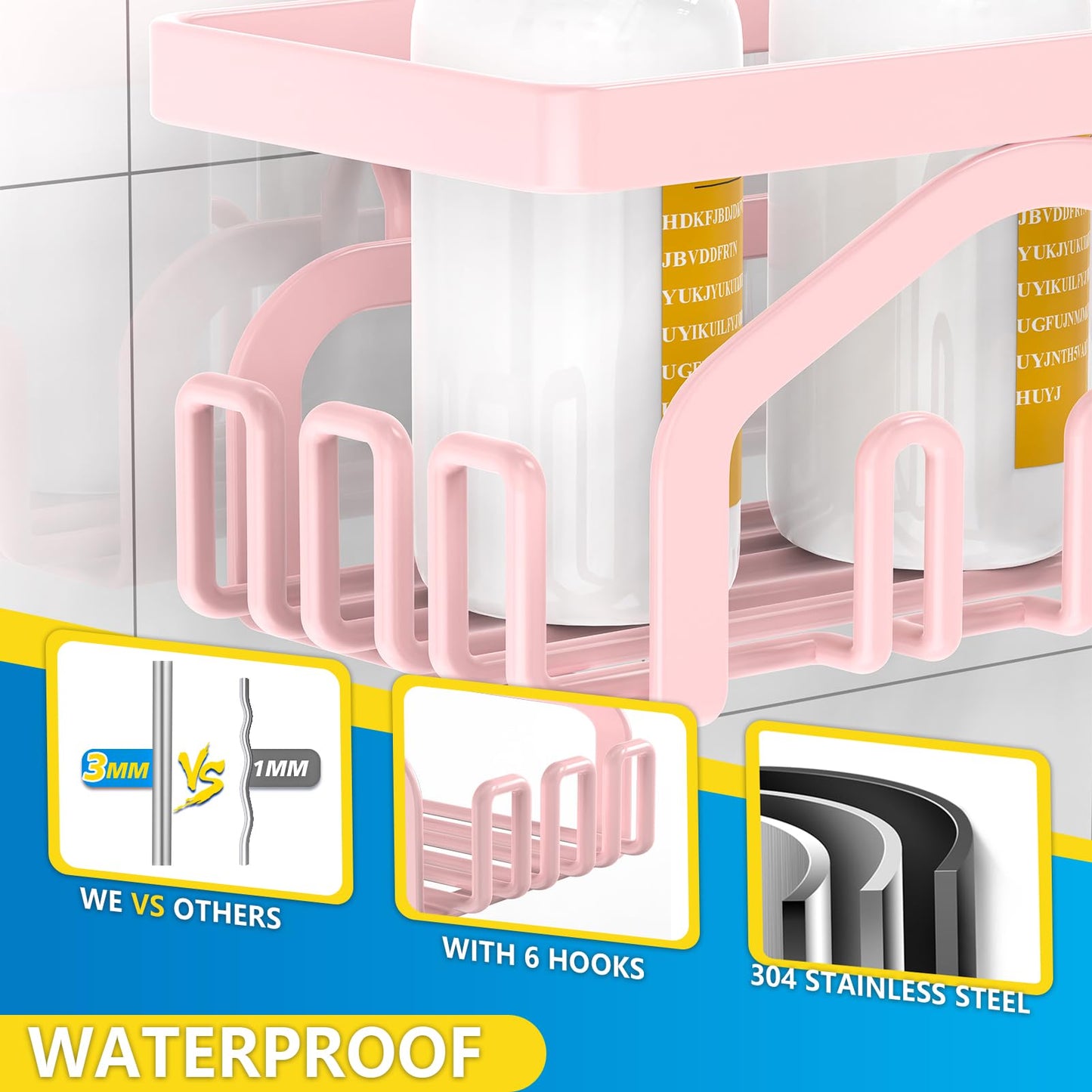 Coraje Adhesive Shower Caddy, 5-Pack Shower Shelves, Large Capacity Load Bearing 40 LBS Shower Organizer, No Drilling Shower Shelf, Rustproof Stainless Steel Bathroom Shower Storage, Black