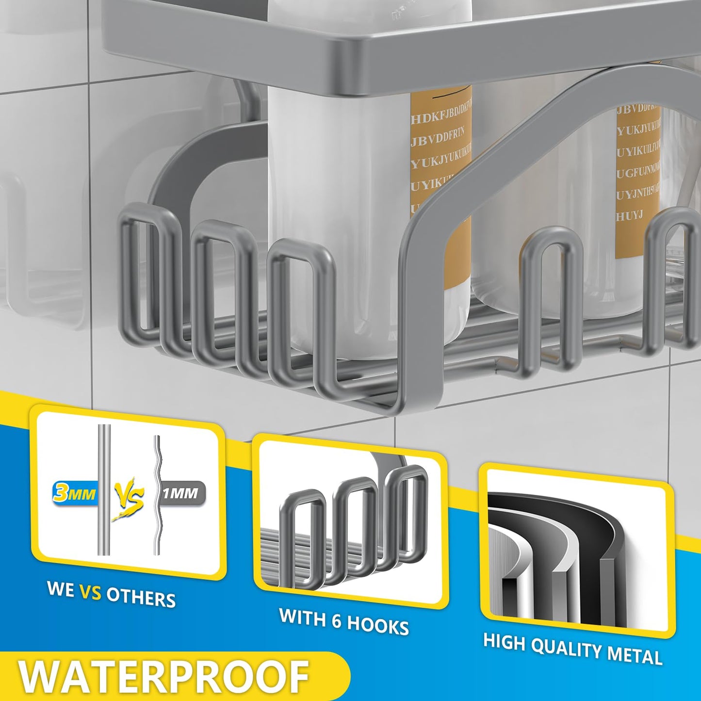Coraje Adhesive Shower Caddy, 5-Pack Shower Shelves, Large Capacity Load Bearing 40 LBS Shower Organizer, No Drilling Shower Shelf, Rustproof Stainless Steel Bathroom Shower Storage, Black