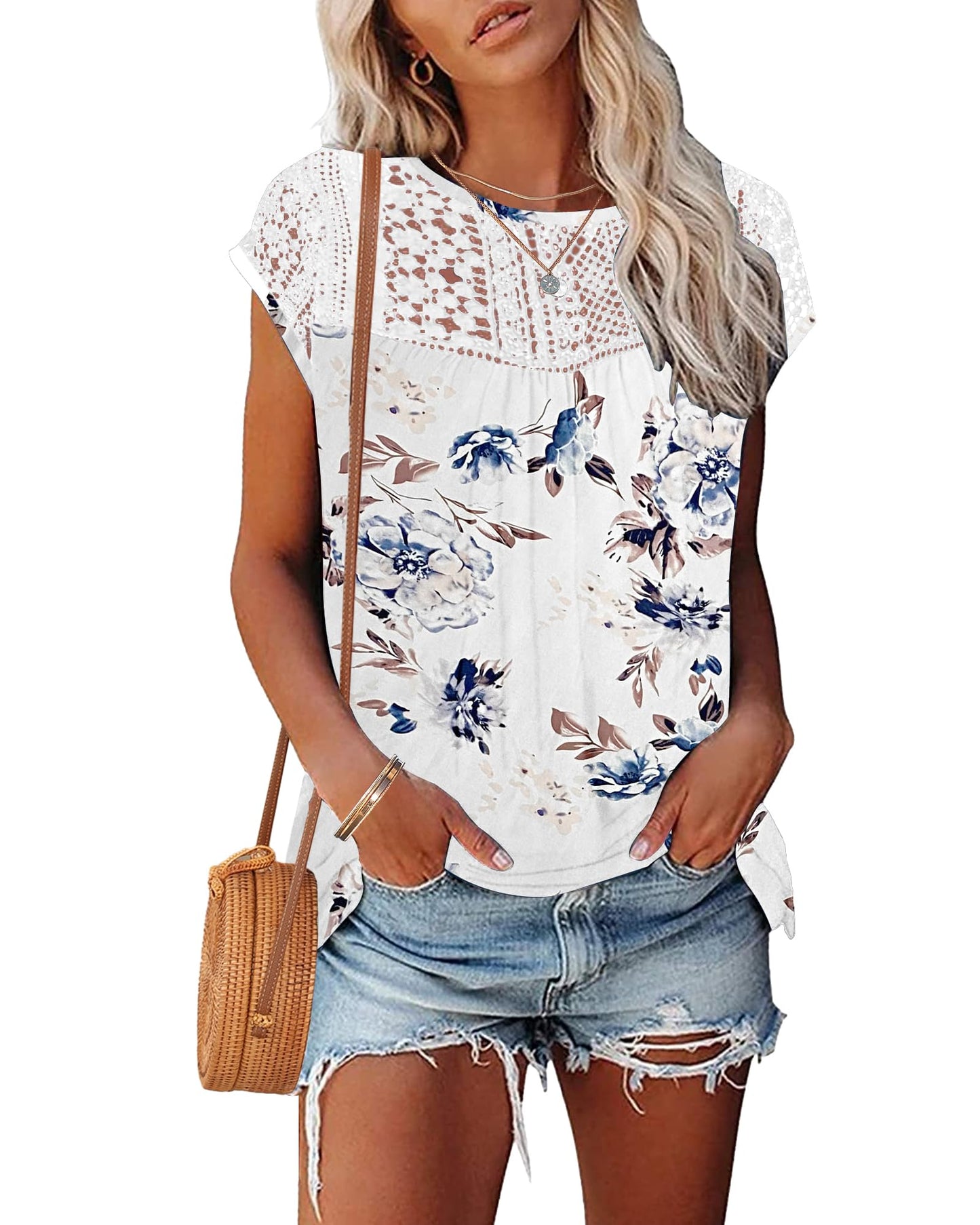 WNEEDU Women's Summer T Shirts Casual Crew Neck Lace Trim Ladies Tops 2025 New