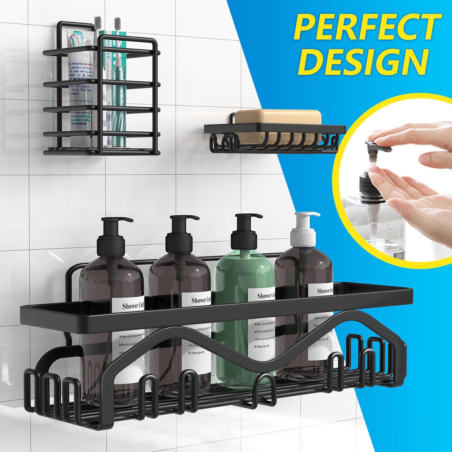 Coraje Adhesive Shower Caddy, 5-Pack Shower Shelves, Large Capacity Load Bearing 40 LBS Shower Organizer, No Drilling Shower Shelf, Rustproof Stainless Steel Bathroom Shower Storage, Black