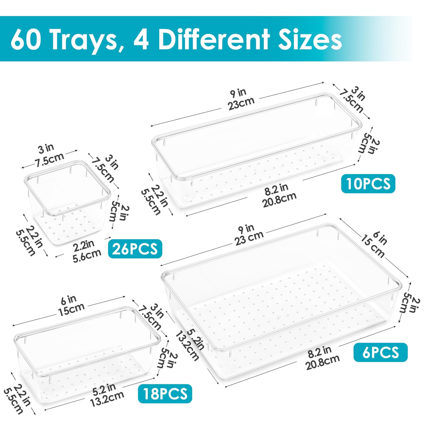 Vtopmart 25 PCS Plastic Clear Drawer Organizer, Acrylic Desk Drawer organizers, Organization and Storage for Makeup, Bathroom, Office, kitchen, Bedroom