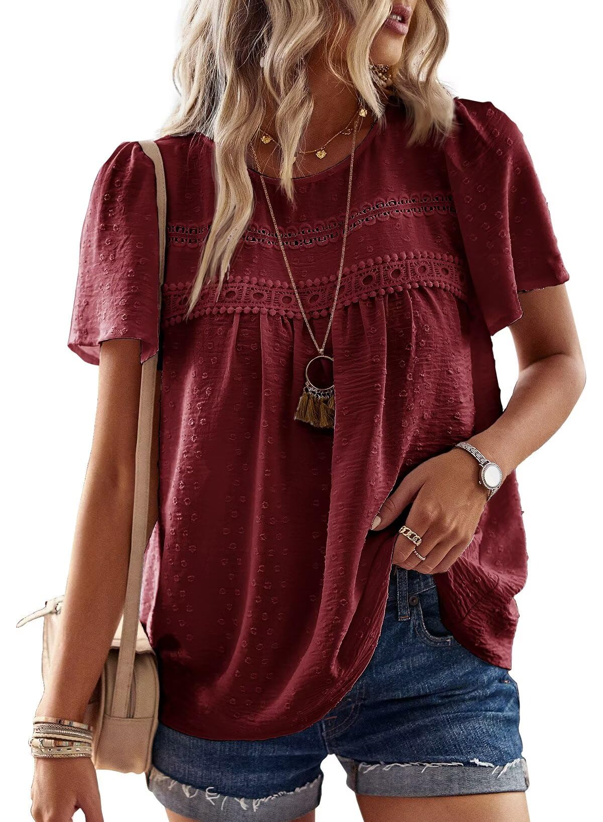 Womens Summer Tops Crewneck Short Sleeve Shirts Casual Chiffon Blouses Flowy Lace Hem Boho Clothing Trendy 2025