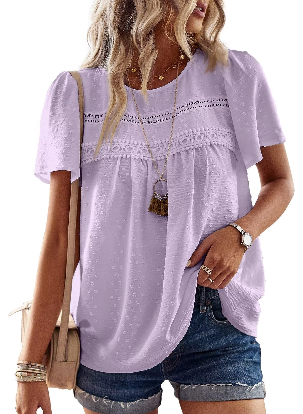 Womens Summer Tops Crewneck Short Sleeve Shirts Casual Chiffon Blouses Flowy Lace Hem Boho Clothing Trendy 2025