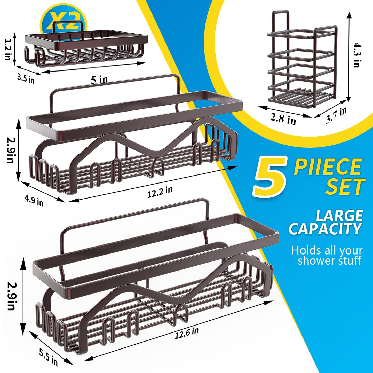 Coraje Adhesive Shower Caddy, 5-Pack Shower Shelves, Large Capacity Load Bearing 40 LBS Shower Organizer, No Drilling Shower Shelf, Rustproof Stainless Steel Bathroom Shower Storage, Black