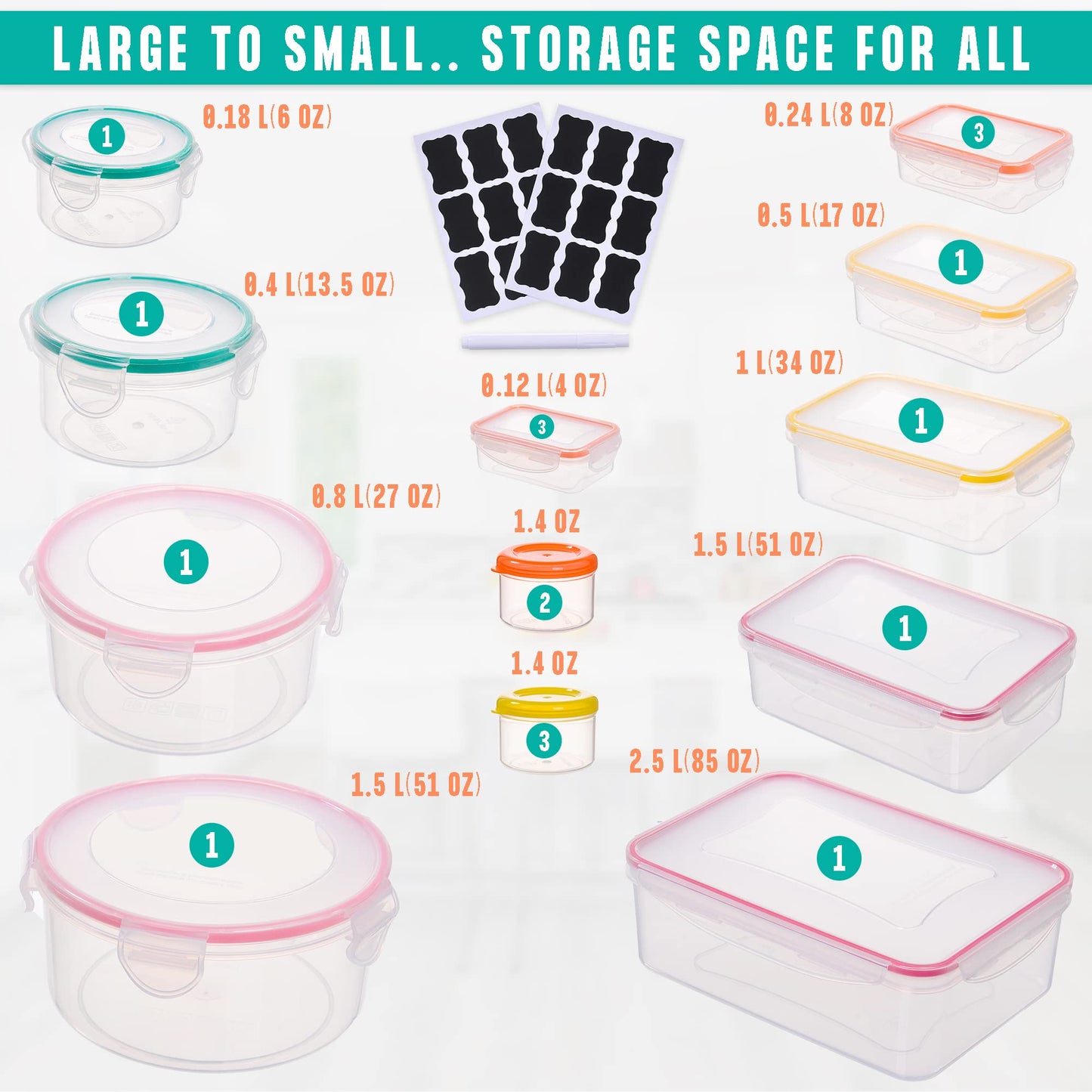 50 Pcs Large Food Storage Containers with Lids Airtight-85 oz to Sauces Box-Total 526Oz Stackable Kitchen Bowls Set Meal Prep Containers-BPA Free Leak proof Plastic Freezer Microwave safe