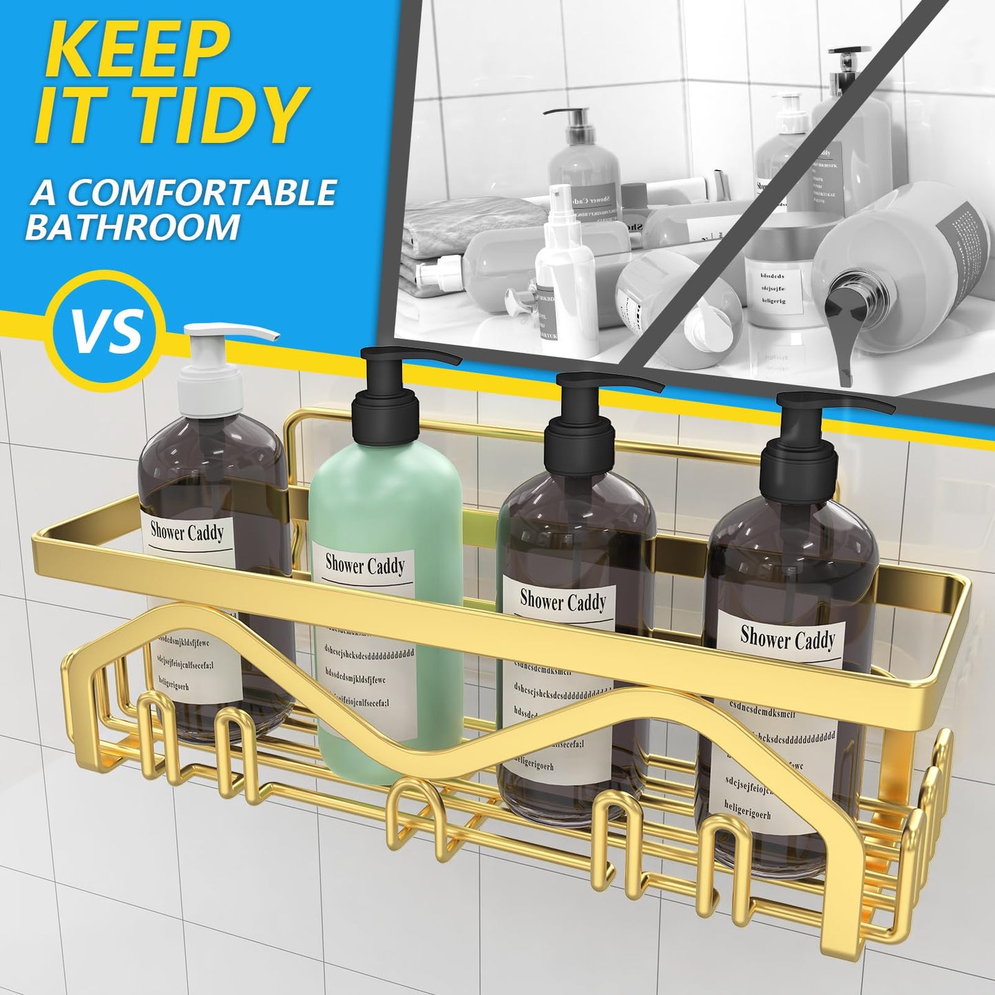Coraje Adhesive Shower Caddy, 5-Pack Shower Shelves, Large Capacity Load Bearing 40 LBS Shower Organizer, No Drilling Shower Shelf, Rustproof Stainless Steel Bathroom Shower Storage, Black