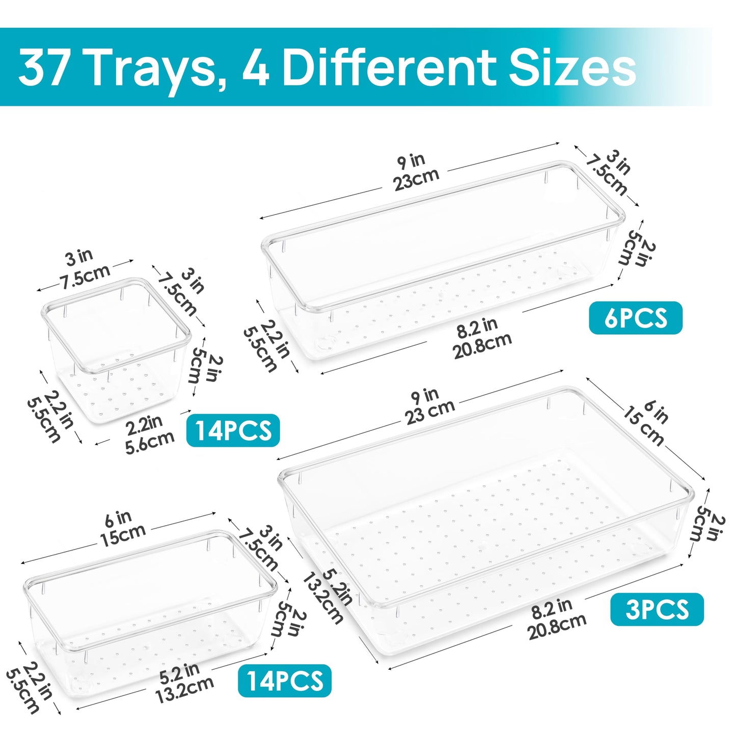 Vtopmart 25 PCS Plastic Clear Drawer Organizer, Acrylic Desk Drawer organizers, Organization and Storage for Makeup, Bathroom, Office, kitchen, Bedroom