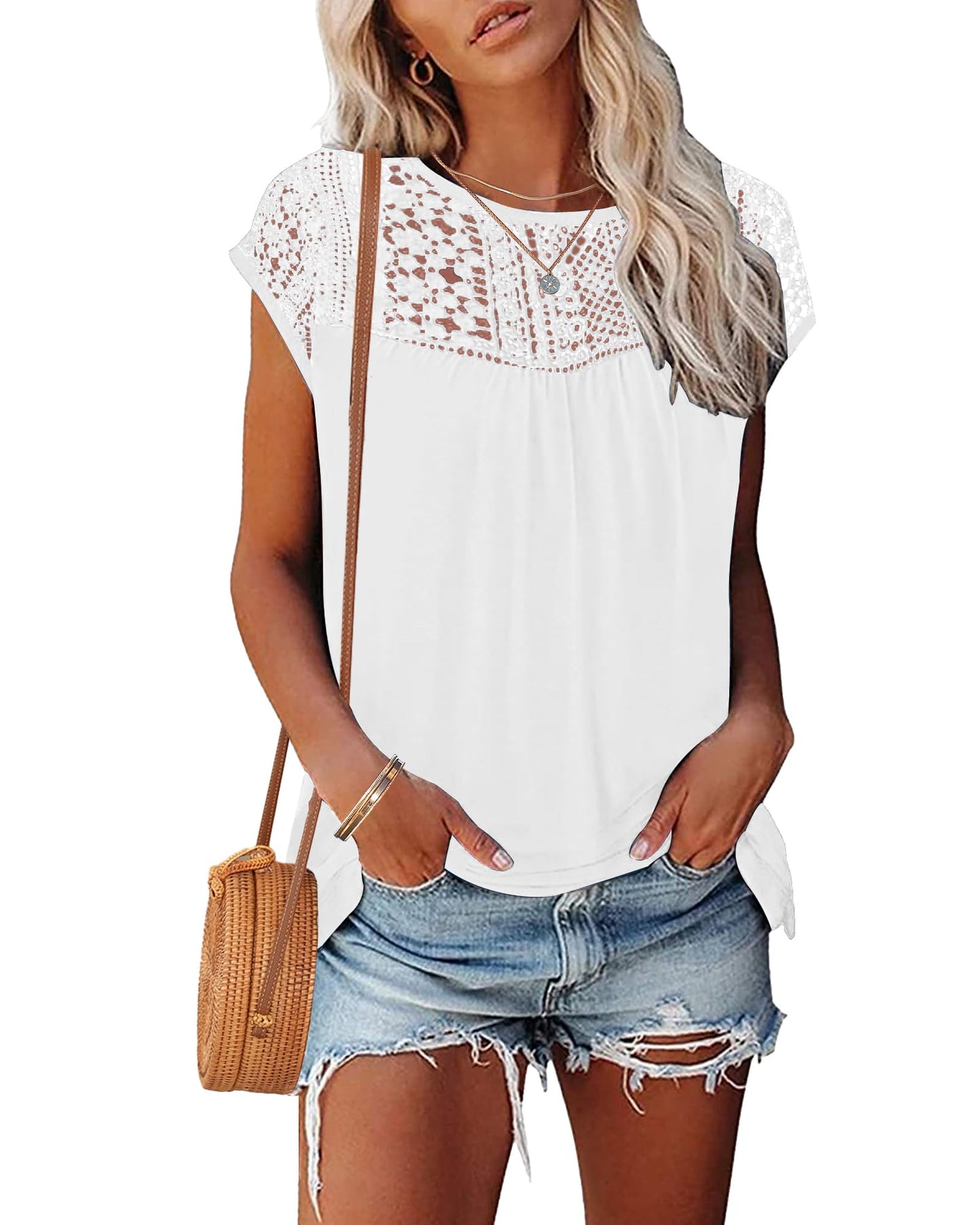 WNEEDU Women's Summer T Shirts Casual Crew Neck Lace Trim Ladies Tops 2025 New