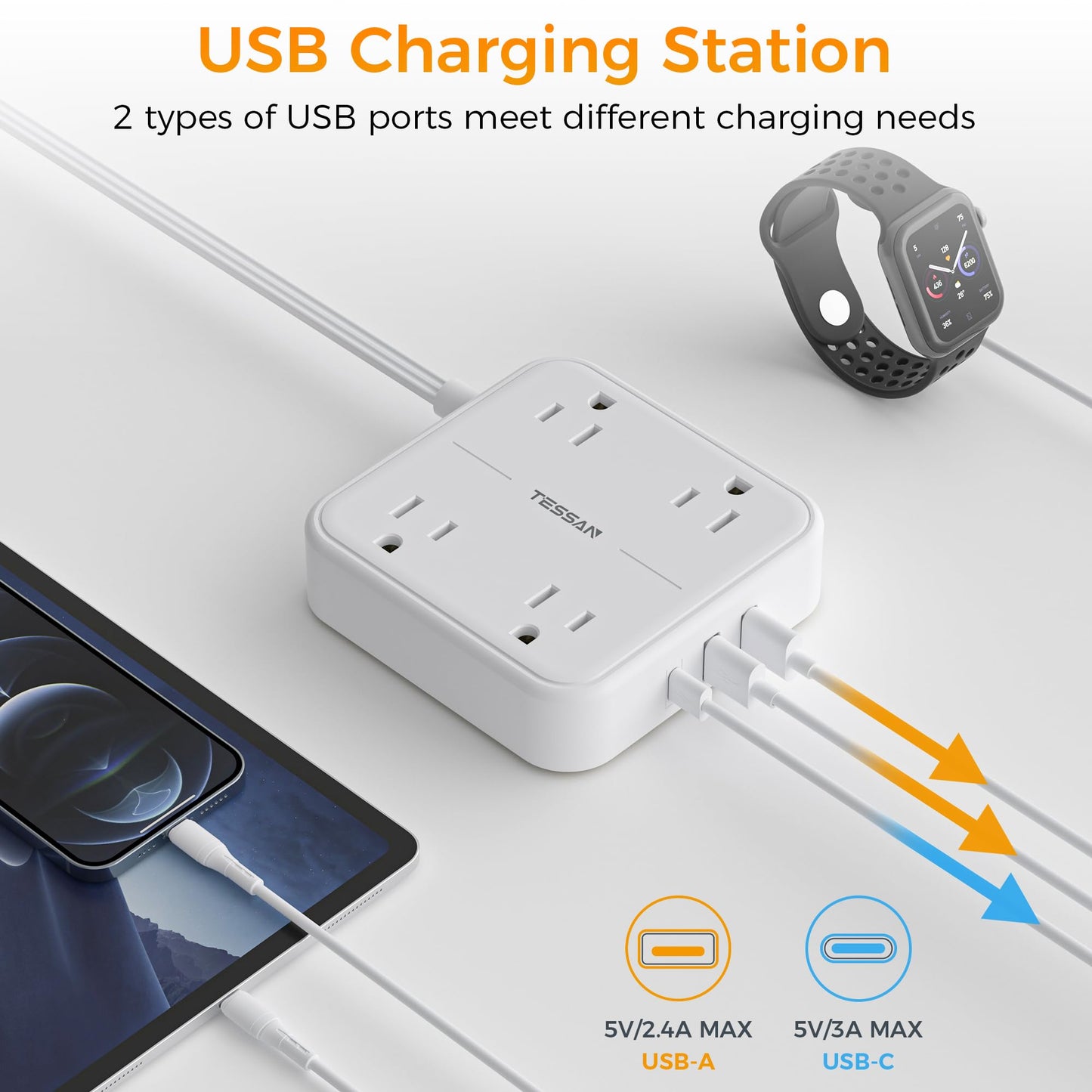 Flat Plug Extension Cord Indoor 5 Feet, Power Bars with Surge Protector, TESSAN Power Strip with 4 Multiple Outlets 3 USB Ports (1 USB C), Surge Protection for Dorm Room Home Office, Gray