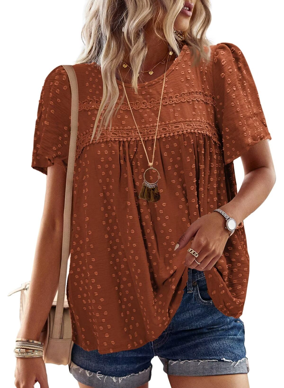 Womens Summer Tops Crewneck Short Sleeve Shirts Casual Chiffon Blouses Flowy Lace Hem Boho Clothing Trendy 2025