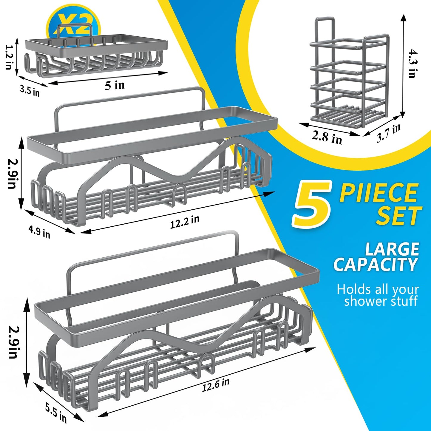 Coraje Adhesive Shower Caddy, 5-Pack Shower Shelves, Large Capacity Load Bearing 40 LBS Shower Organizer, No Drilling Shower Shelf, Rustproof Stainless Steel Bathroom Shower Storage, Black