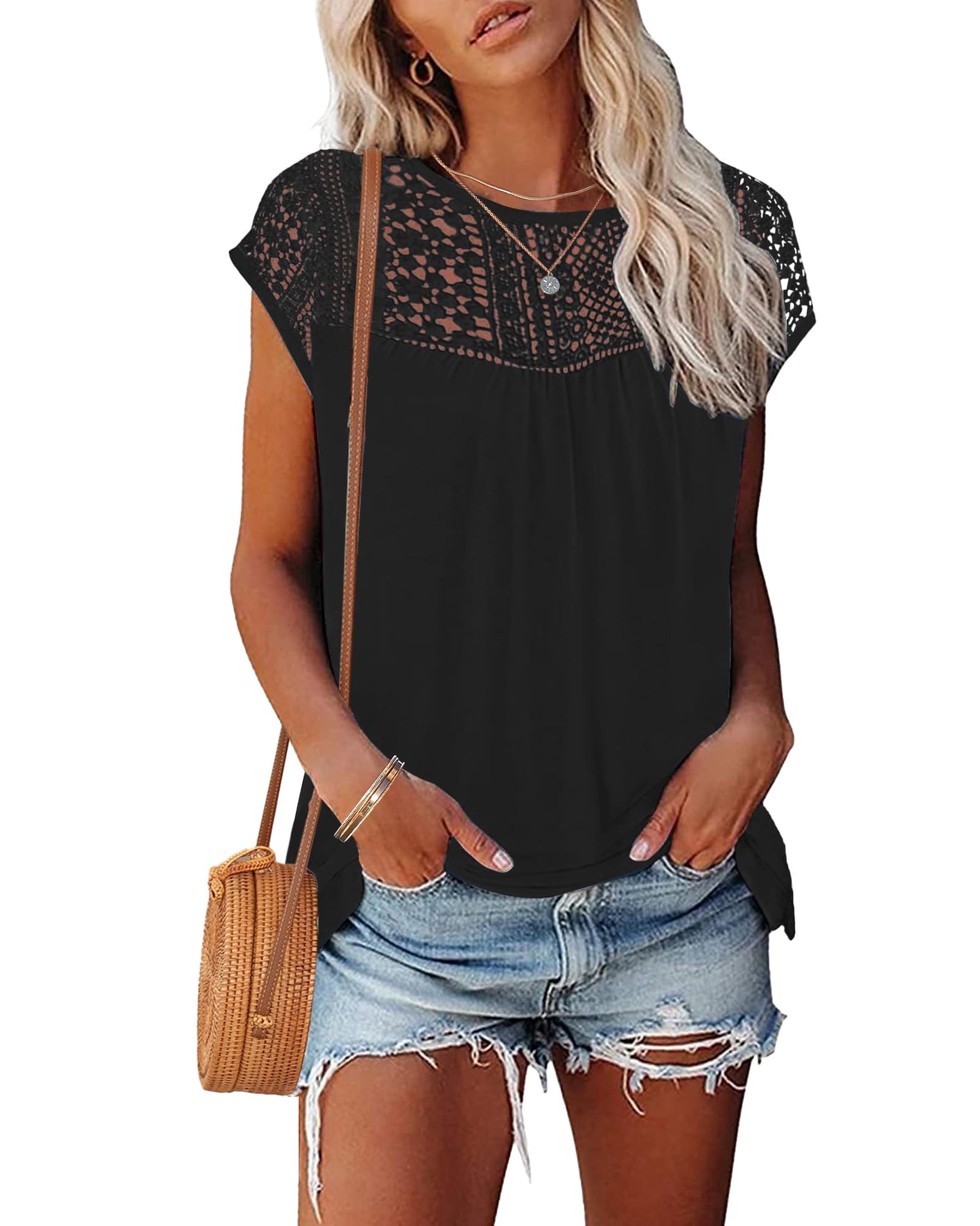 WNEEDU Women's Summer T Shirts Casual Crew Neck Lace Trim Ladies Tops 2025 New