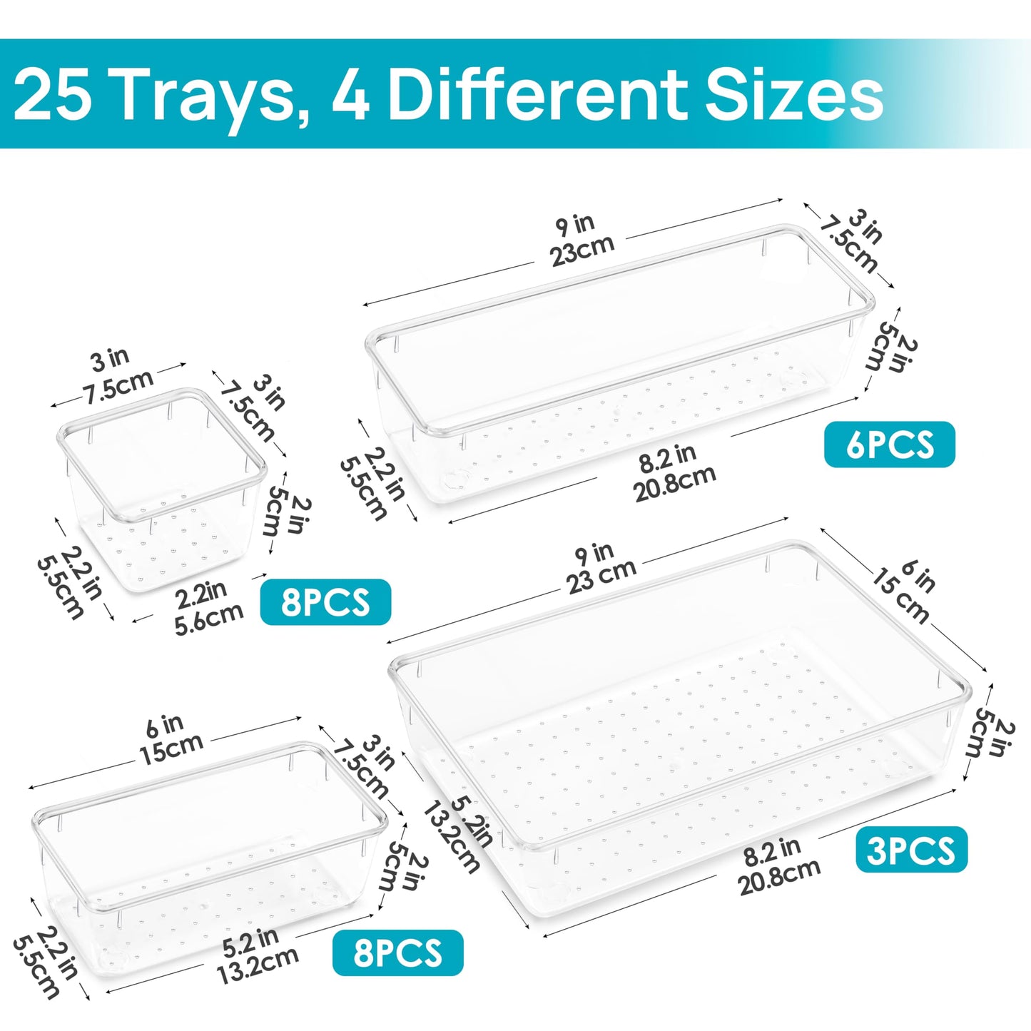 Vtopmart 25 PCS Plastic Clear Drawer Organizer, Acrylic Desk Drawer organizers, Organization and Storage for Makeup, Bathroom, Office, kitchen, Bedroom