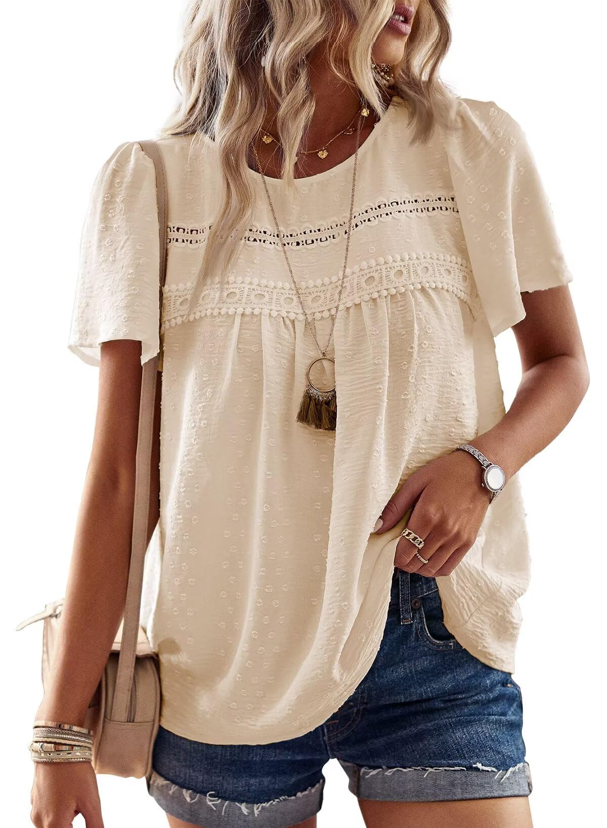 Womens Summer Tops Crewneck Short Sleeve Shirts Casual Chiffon Blouses Flowy Lace Hem Boho Clothing Trendy 2025