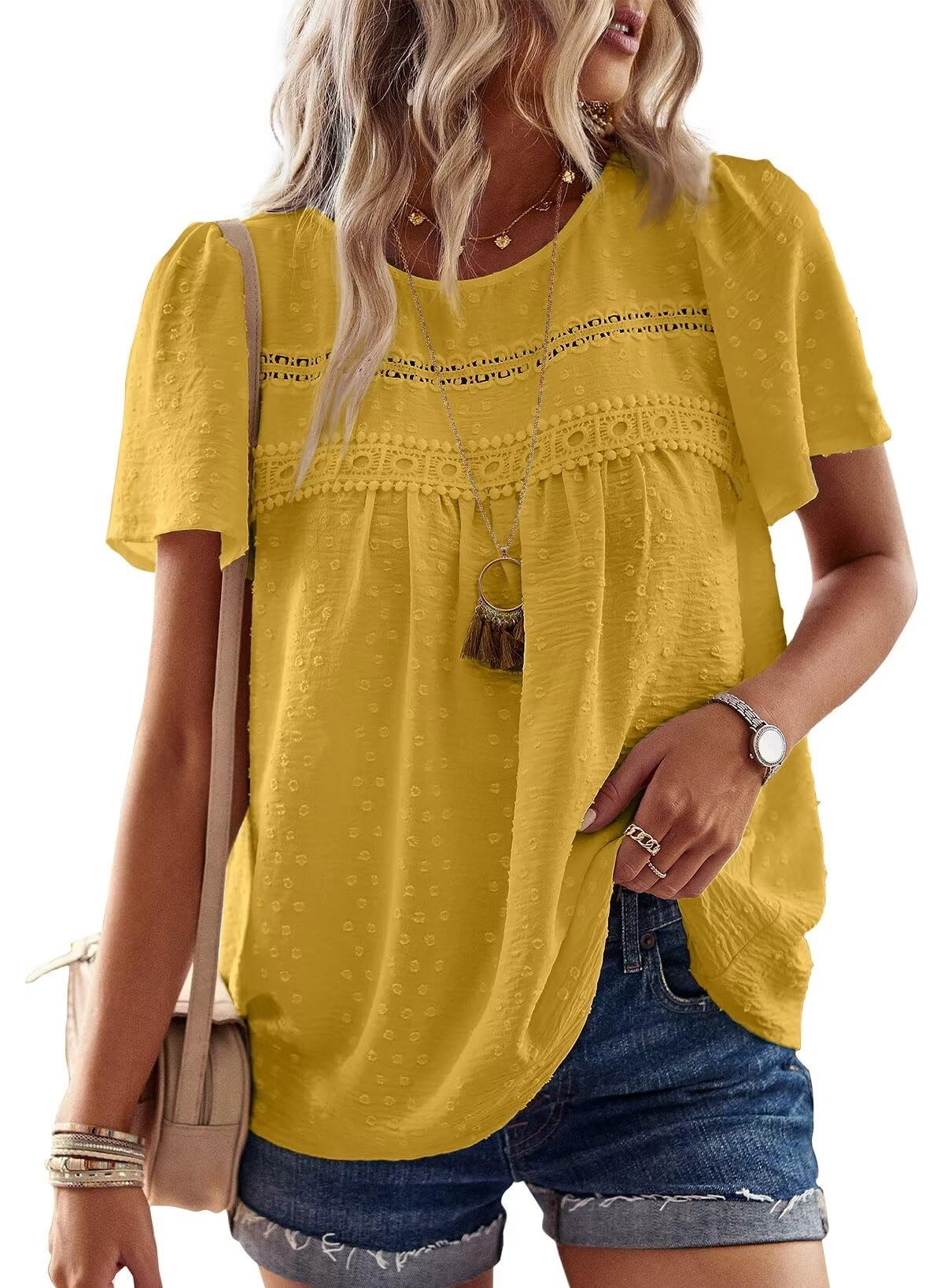 Womens Summer Tops Crewneck Short Sleeve Shirts Casual Chiffon Blouses Flowy Lace Hem Boho Clothing Trendy 2025