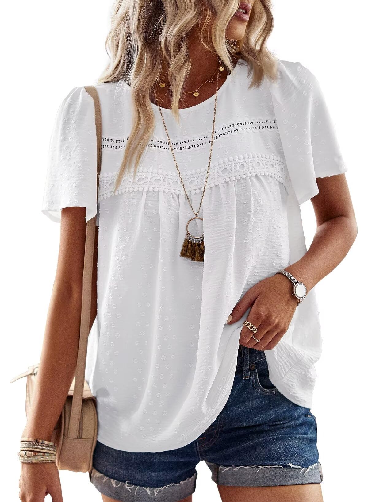 Womens Summer Tops Crewneck Short Sleeve Shirts Casual Chiffon Blouses Flowy Lace Hem Boho Clothing Trendy 2025