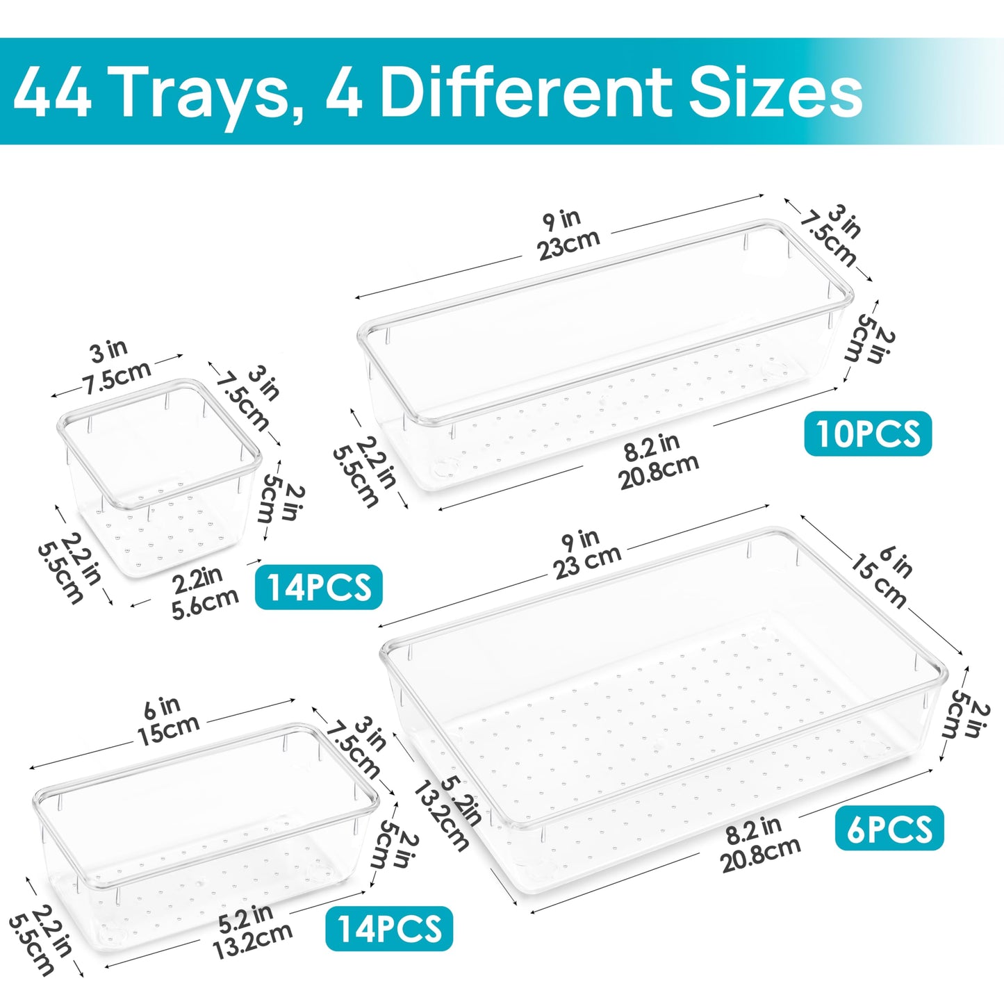 Vtopmart 25 PCS Plastic Clear Drawer Organizer, Acrylic Desk Drawer organizers, Organization and Storage for Makeup, Bathroom, Office, kitchen, Bedroom