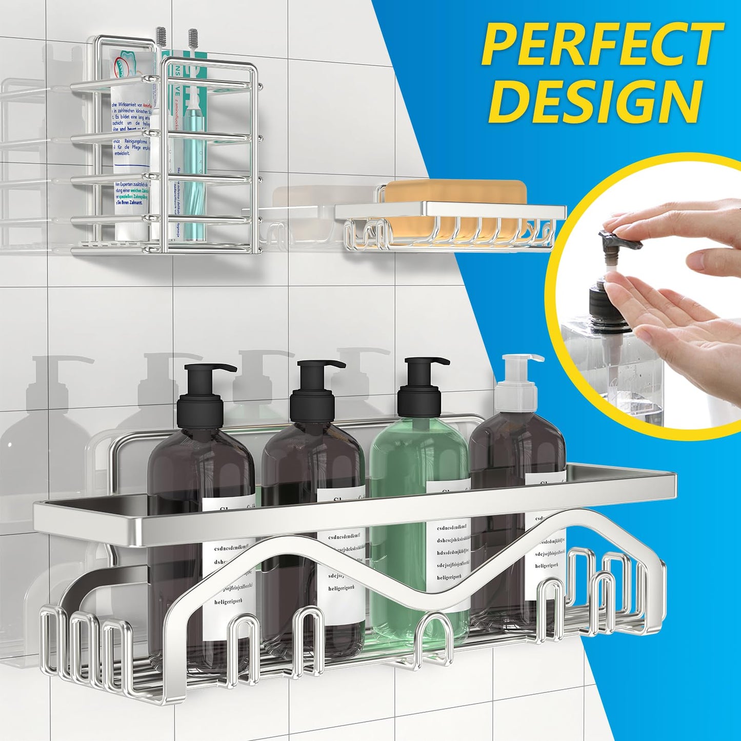 Coraje Adhesive Shower Caddy, 5-Pack Shower Shelves, Large Capacity Load Bearing 40 LBS Shower Organizer, No Drilling Shower Shelf, Rustproof Stainless Steel Bathroom Shower Storage, Black