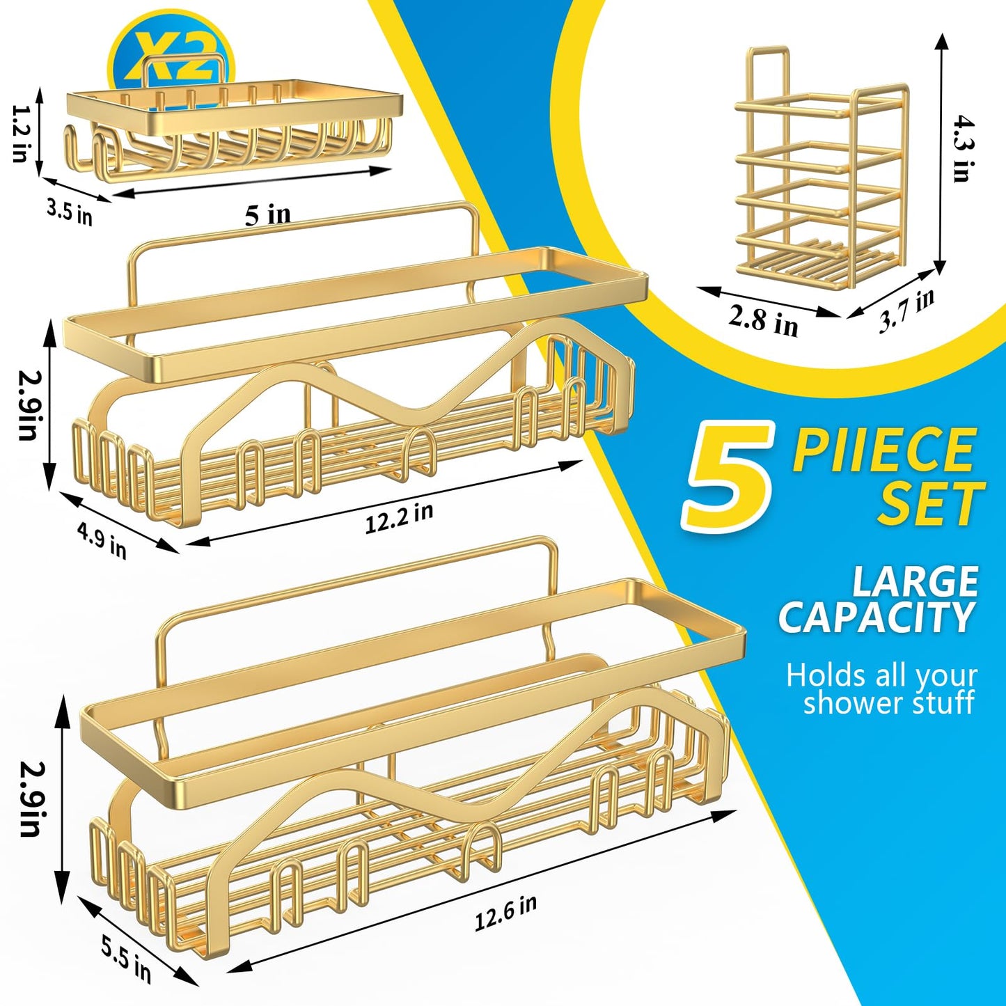 Coraje Adhesive Shower Caddy, 5-Pack Shower Shelves, Large Capacity Load Bearing 40 LBS Shower Organizer, No Drilling Shower Shelf, Rustproof Stainless Steel Bathroom Shower Storage, Black
