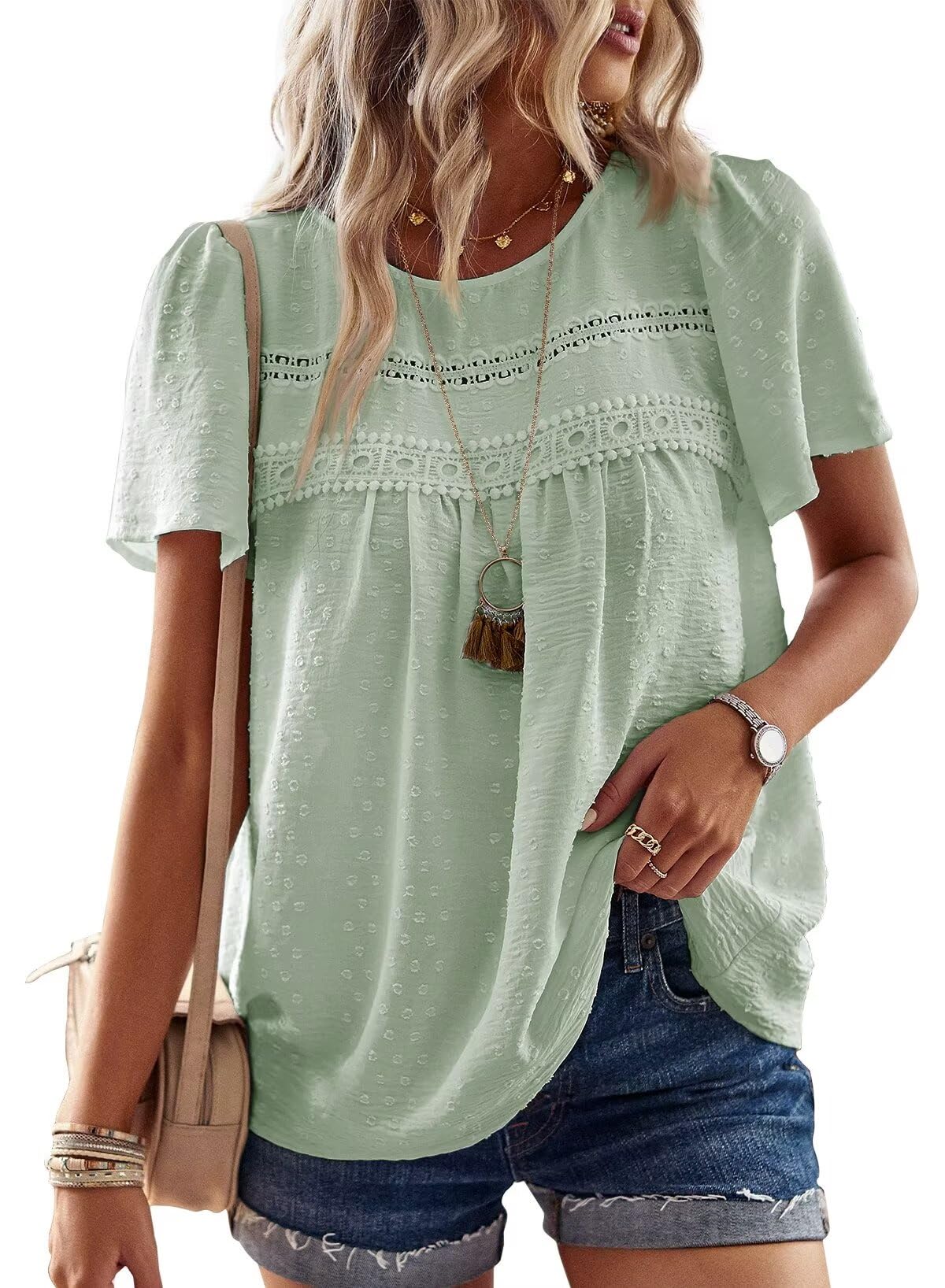 Womens Summer Tops Crewneck Short Sleeve Shirts Casual Chiffon Blouses Flowy Lace Hem Boho Clothing Trendy 2025