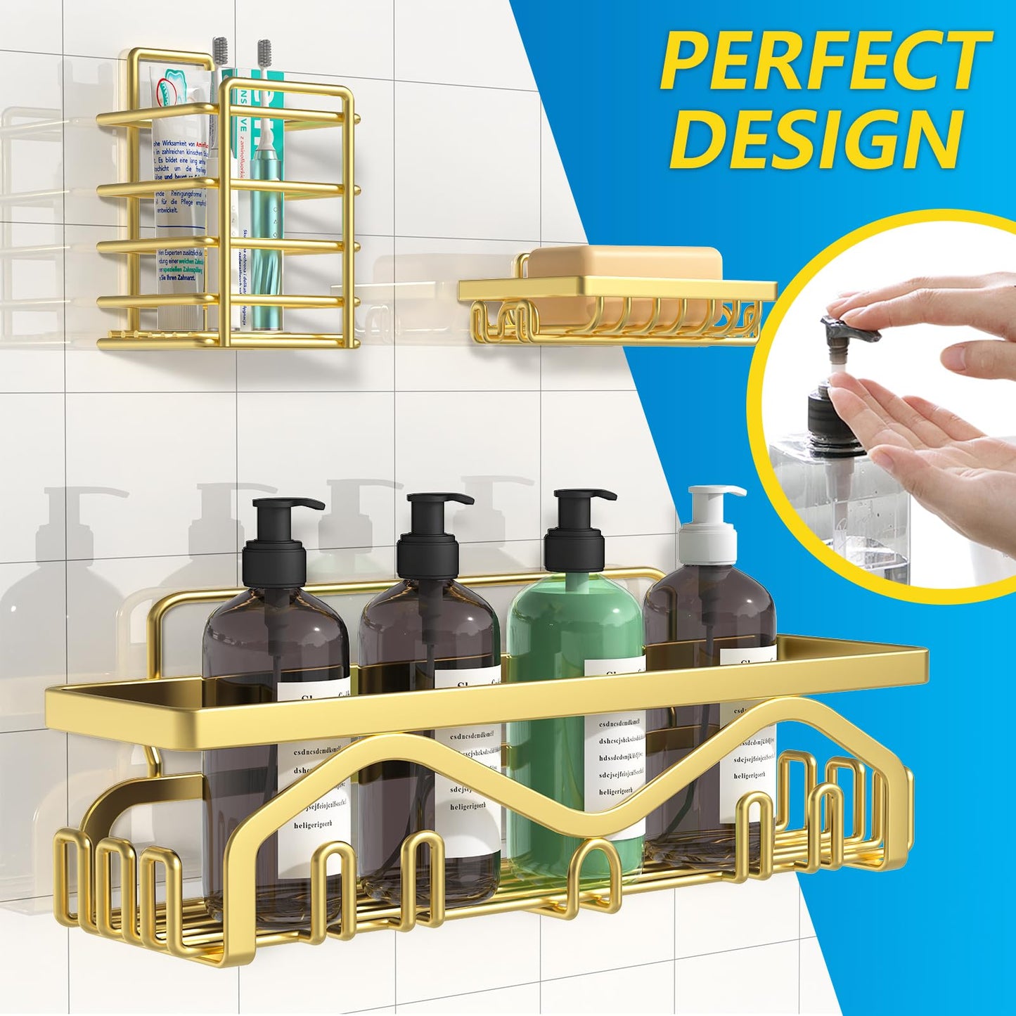 Coraje Adhesive Shower Caddy, 5-Pack Shower Shelves, Large Capacity Load Bearing 40 LBS Shower Organizer, No Drilling Shower Shelf, Rustproof Stainless Steel Bathroom Shower Storage, Black