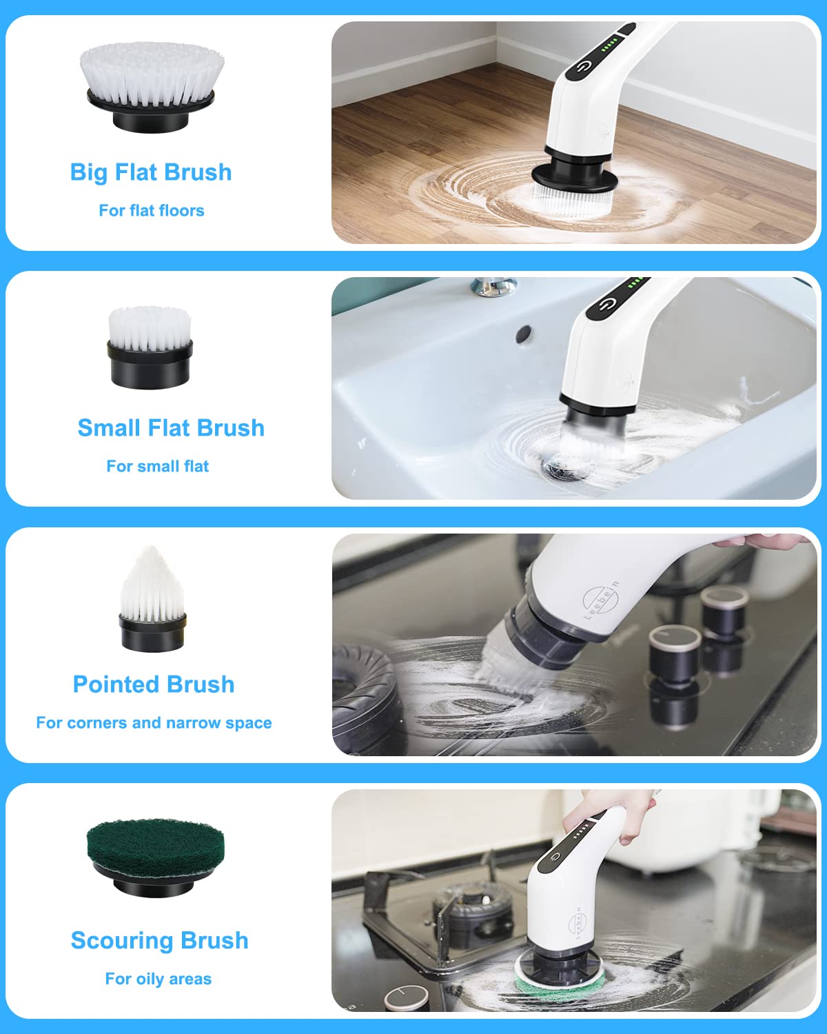 Leebein Electric Spin Scrubber, Cordless Cleaning Brush with 8 Replaceable Brush Heads, Tub and Floor Tile Power Scrubber Dual Speed with Adjustable & Detachable Handle for Bathroom Cleaning