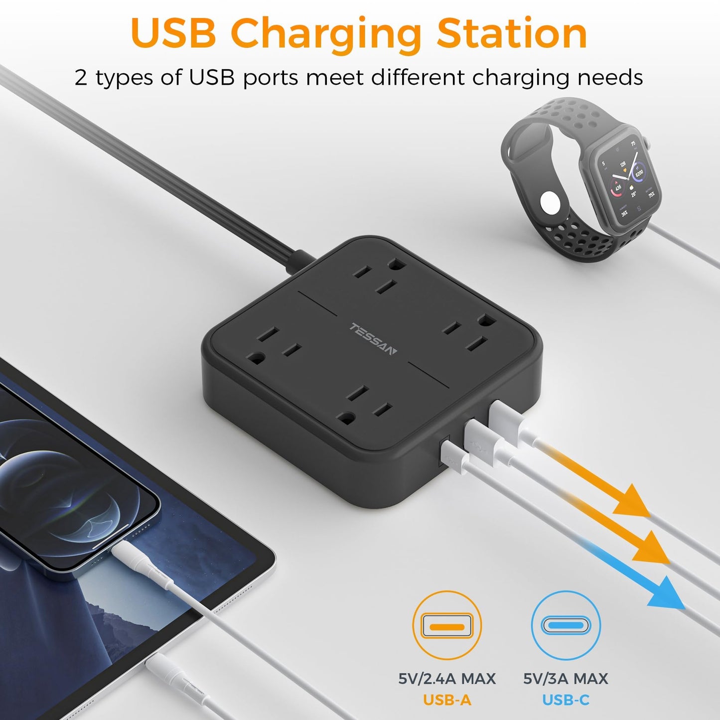 Flat Plug Extension Cord Indoor 5 Feet, Power Bars with Surge Protector, TESSAN Power Strip with 4 Multiple Outlets 3 USB Ports (1 USB C), Surge Protection for Dorm Room Home Office, Gray