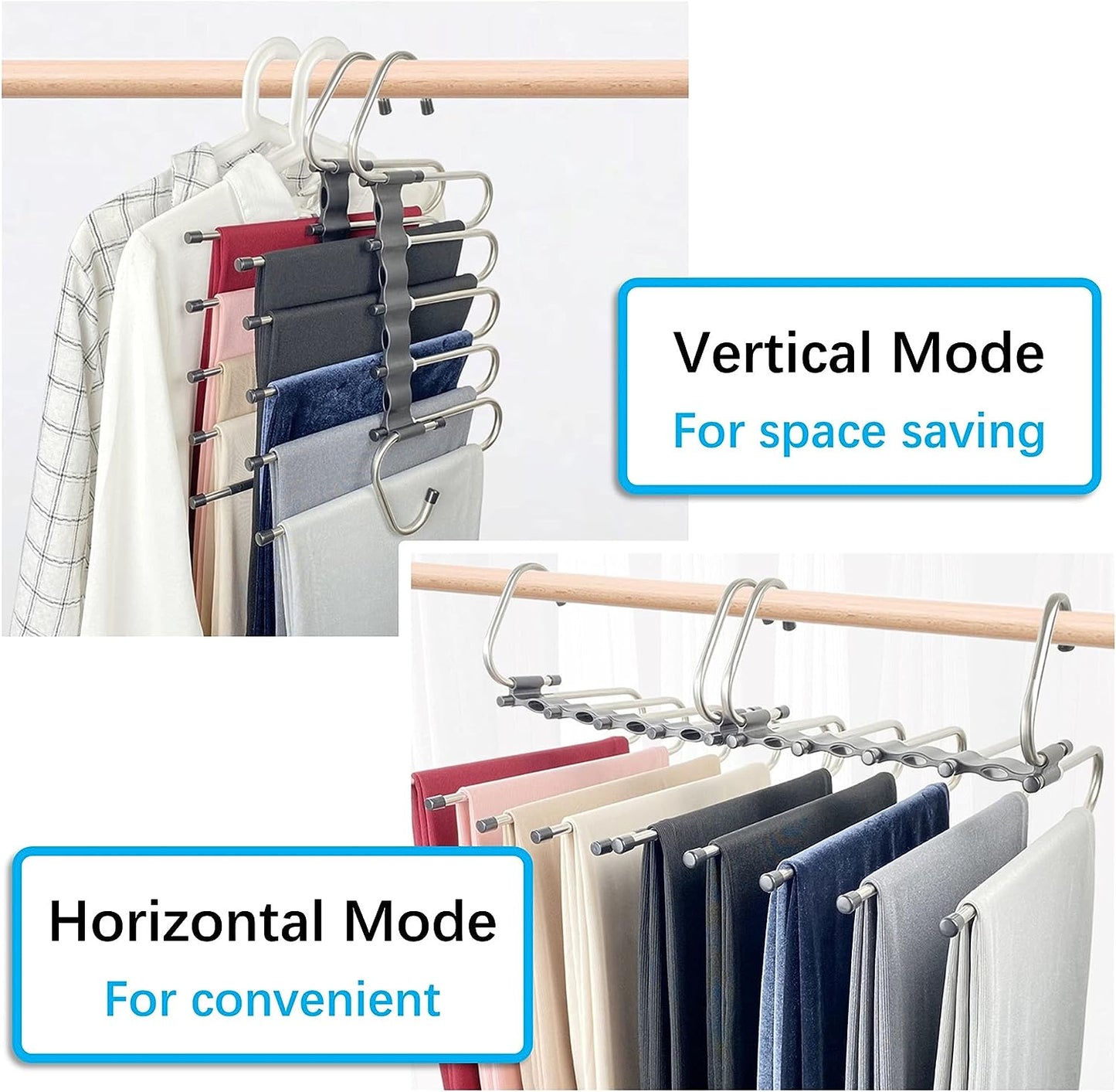 Feerahozer Magic Pants Hangers Space Saving - 2 Pack for Closet Multiple Layers Multifunctional Uses Rack Organizer for Trousers Scarves Slack (2 Pack with 10 Metal Clips)