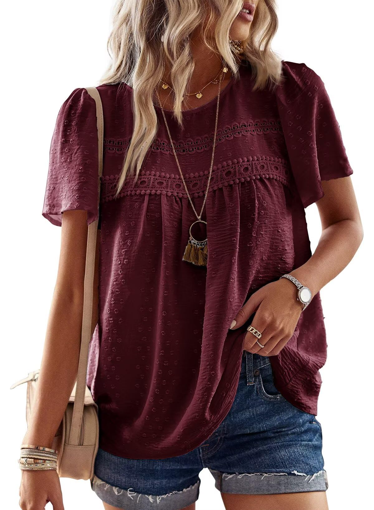 Womens Summer Tops Crewneck Short Sleeve Shirts Casual Chiffon Blouses Flowy Lace Hem Boho Clothing Trendy 2025