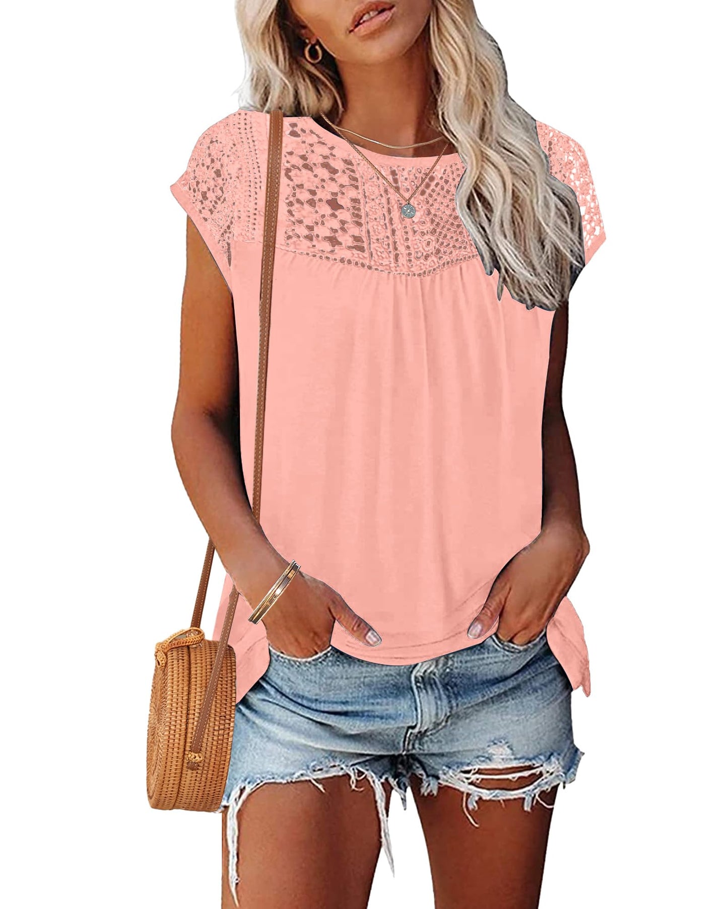 WNEEDU Women's Summer T Shirts Casual Crew Neck Lace Trim Ladies Tops 2025 New