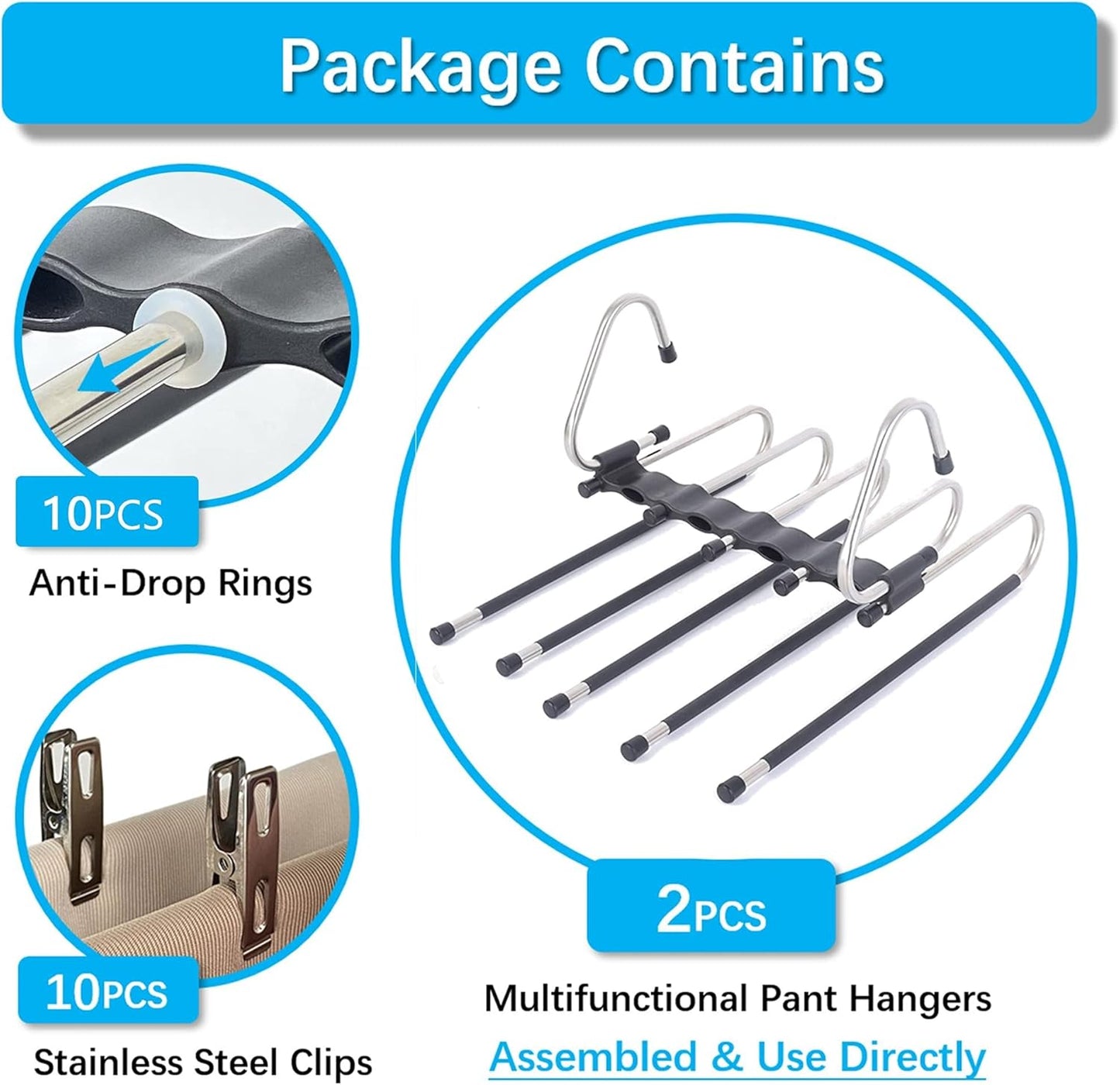 Feerahozer Magic Pants Hangers Space Saving - 2 Pack for Closet Multiple Layers Multifunctional Uses Rack Organizer for Trousers Scarves Slack (2 Pack with 10 Metal Clips)