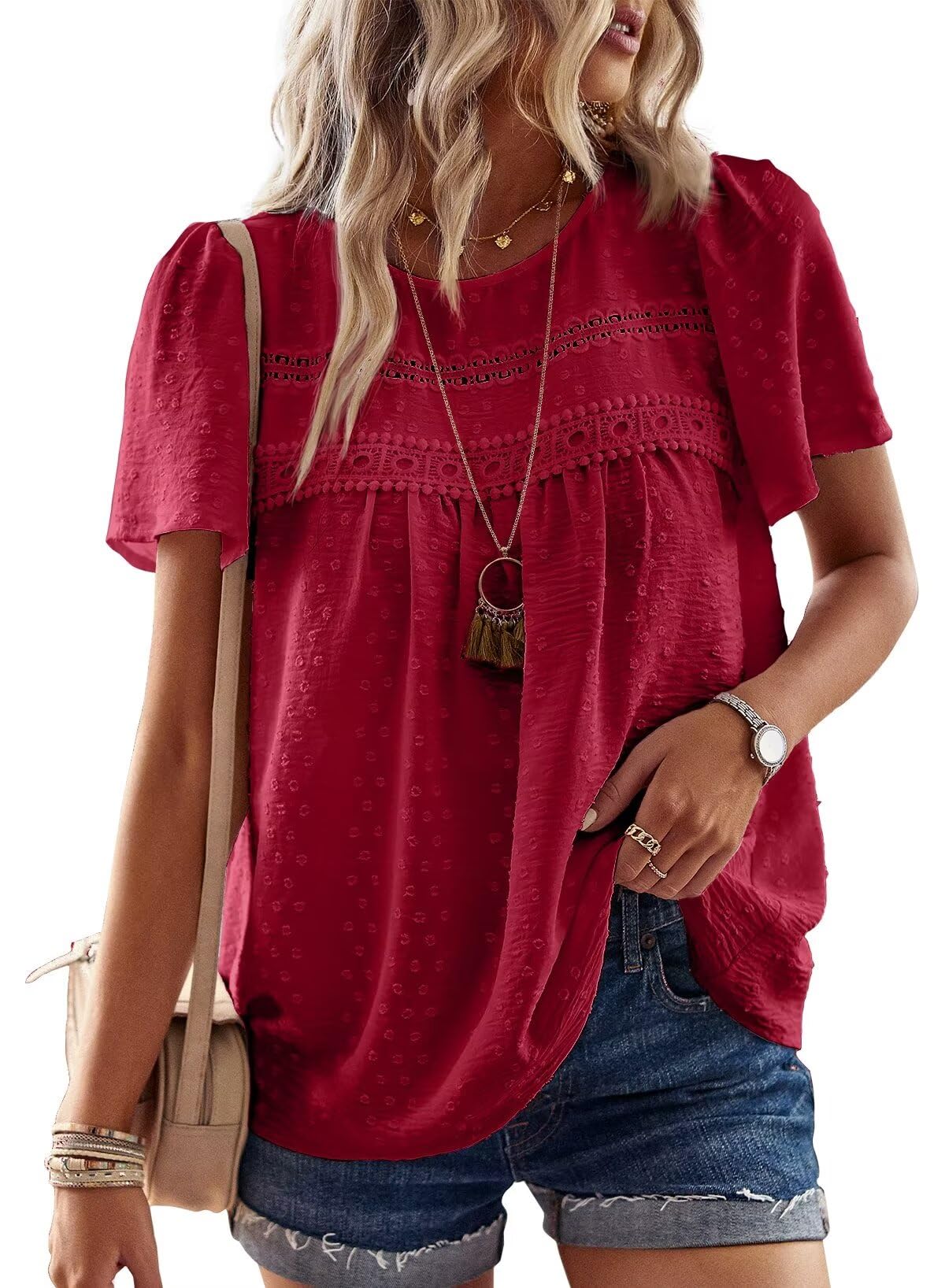 Womens Summer Tops Crewneck Short Sleeve Shirts Casual Chiffon Blouses Flowy Lace Hem Boho Clothing Trendy 2025